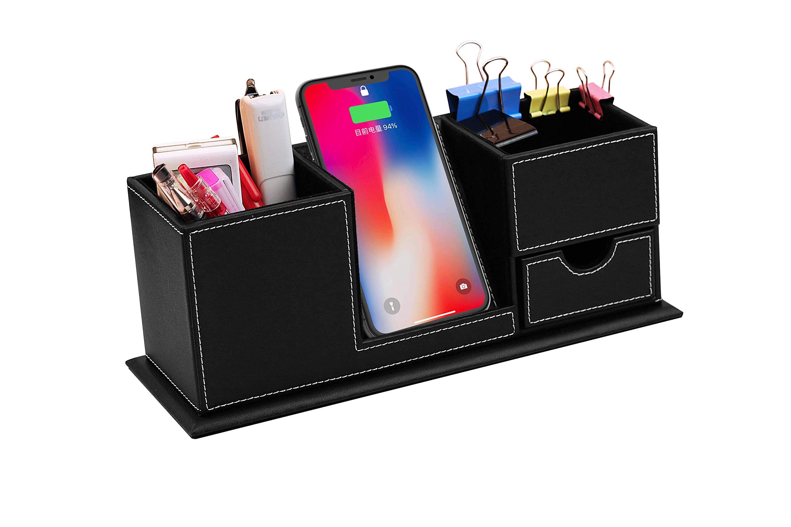 Qi Wireless Charging Stand with Desk Organizer Upgrade 15W Pen Holder Charger for iPhone Samsung and Other QI-Enabled Devices