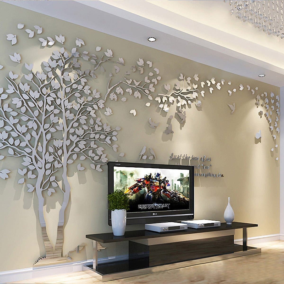 3D Huge Couple Tree DIY Wall Stickers Crystal Acrylic Wall Decals Wall Murals Nursery Living Room Bedroom TV Background Home Decorations Arts (Silver-Left, L)