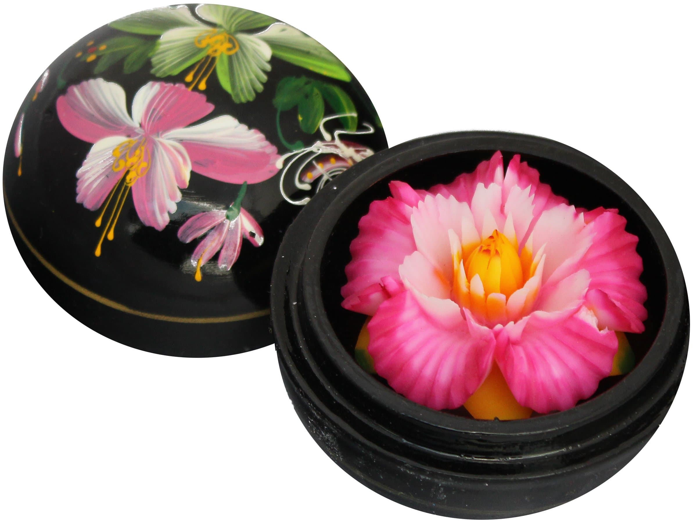 Beautiful Thai Hand-Carved Lotus Scented Soap in a Luxurious Hand-Painted Mango Wood Container (Pink)