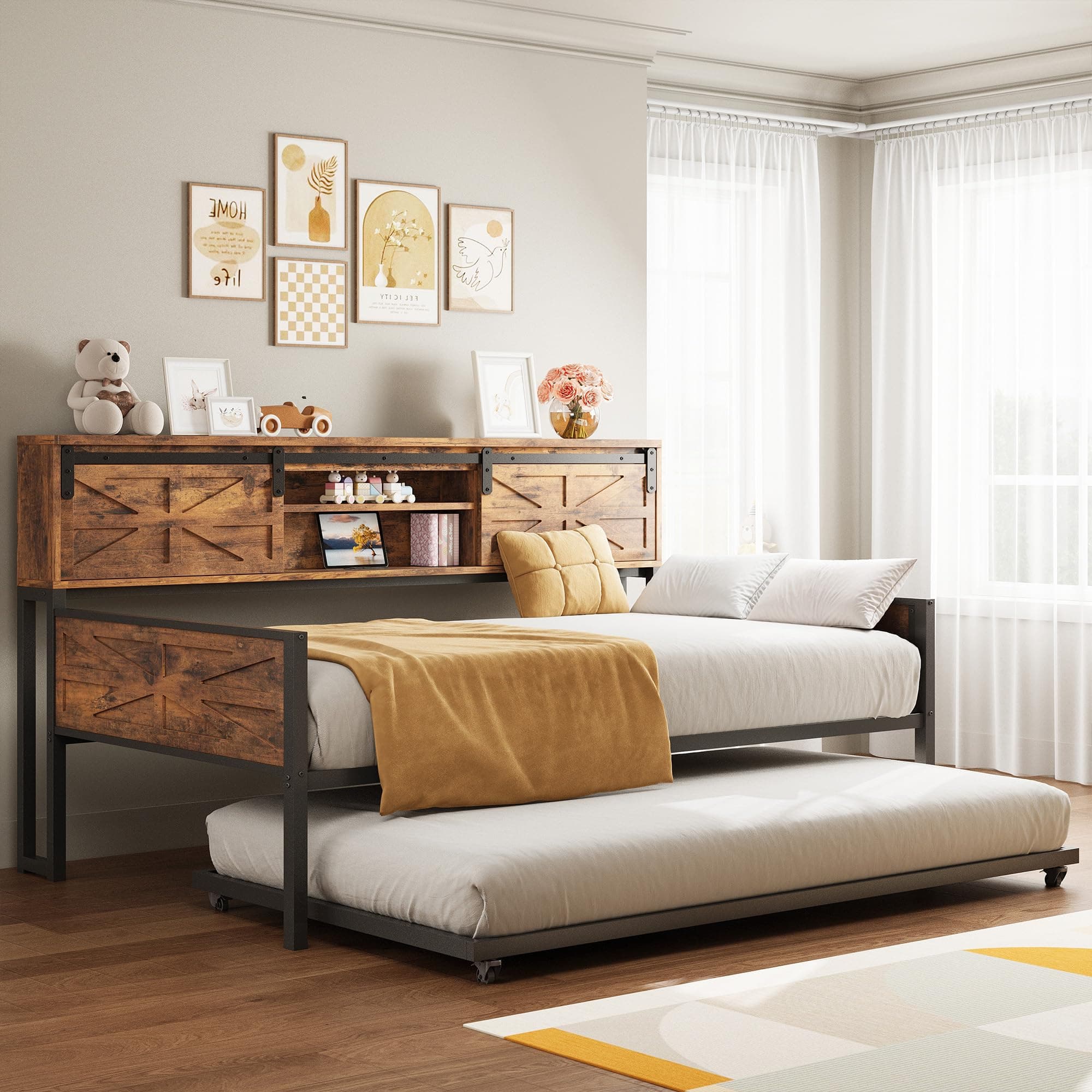 LIKIMIO Daybed with Trundle, Rustic Bed Twin with Storage and Charging Station for Living Room, Bedroom and Guest Room, Industrial Brown