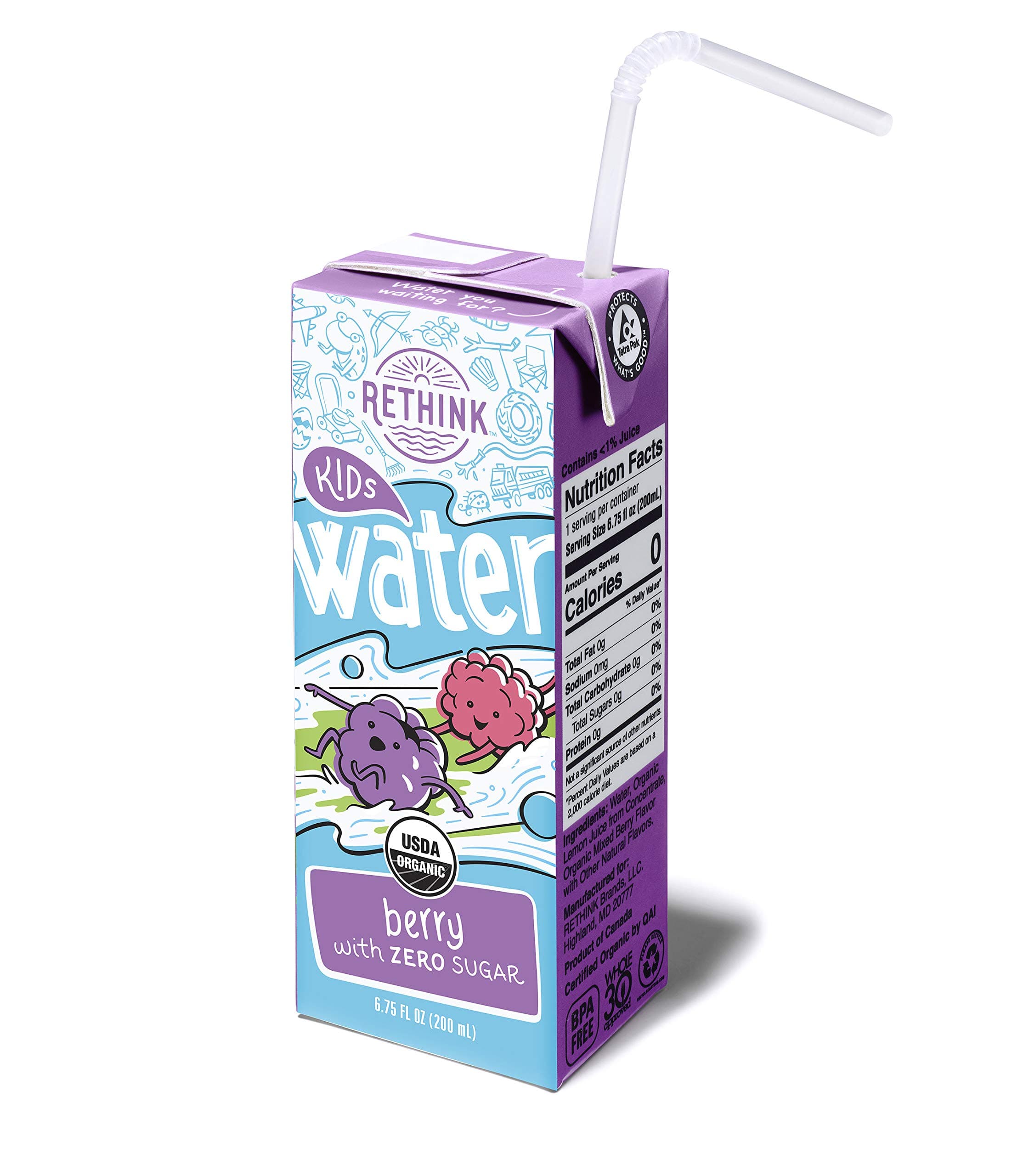 Rethink Kids Water Berry - Zero Sugar Kids Water -- Zero Calories & Zero Sugar, Certified Organic, BPA Free, Recyclable (Pack of 32)