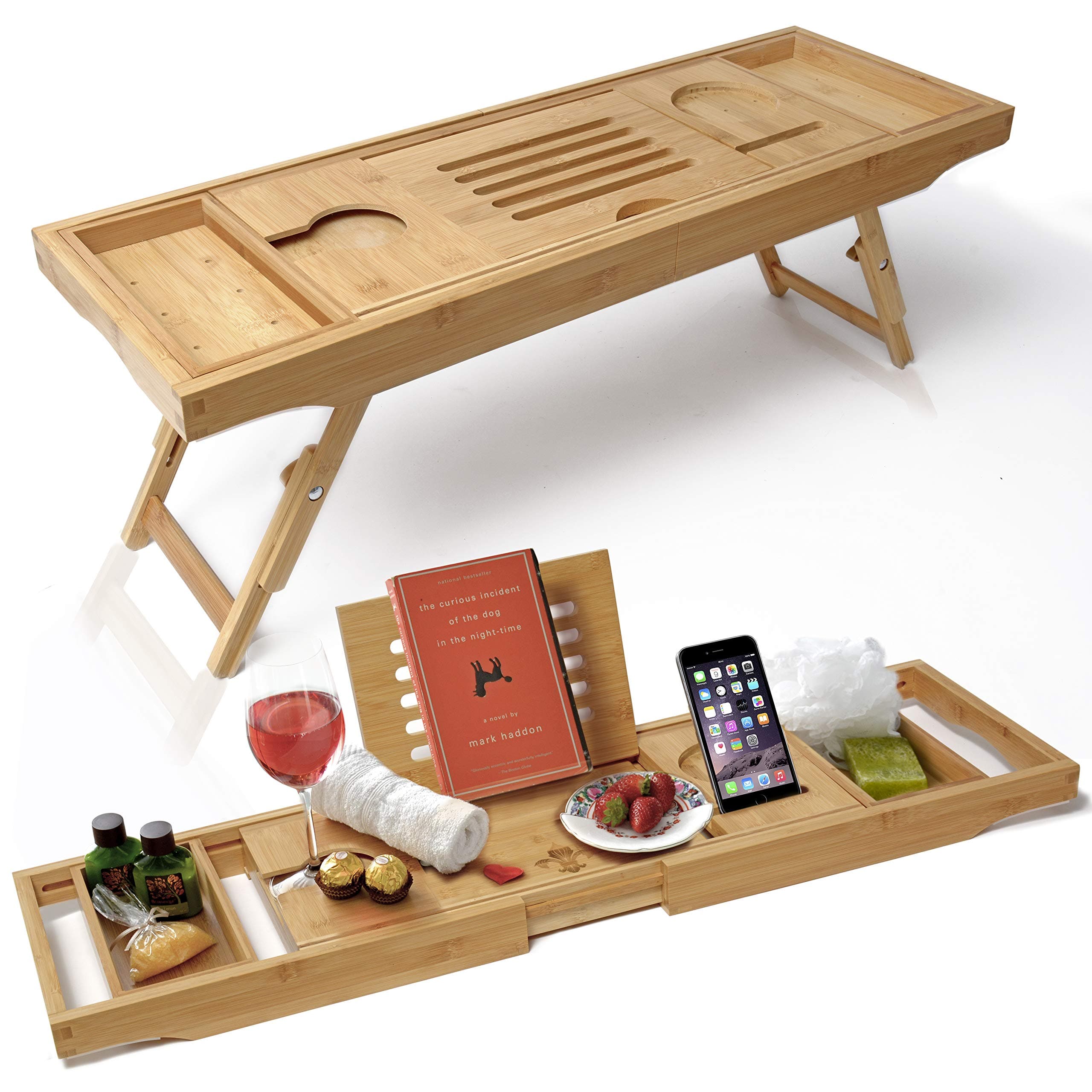 Bathtub Caddy & Laptop Bed Desk – The Original Patented 2 in 1 Innovative Design Transforms Our 100% Extra Large Bamboo Bathtub Tray to Bed Tray – for The Perfect Home Spa Oasis (Natural Bamboo)