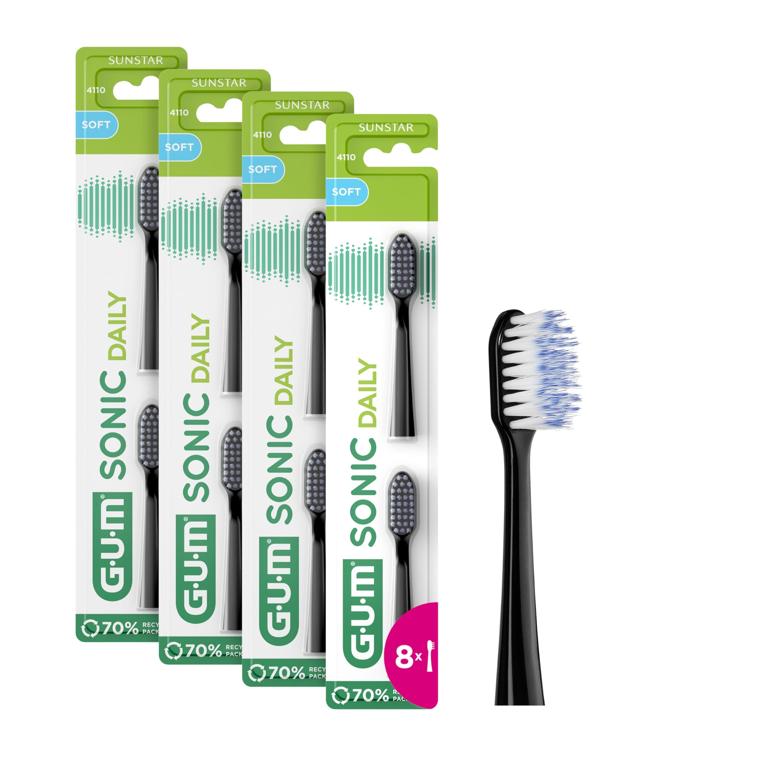 GUM Sonic Daily Replacement Heads for Battery Powered Toothbrush | x4 Packs of 2 (x6 Refill Heads in Total) | White
