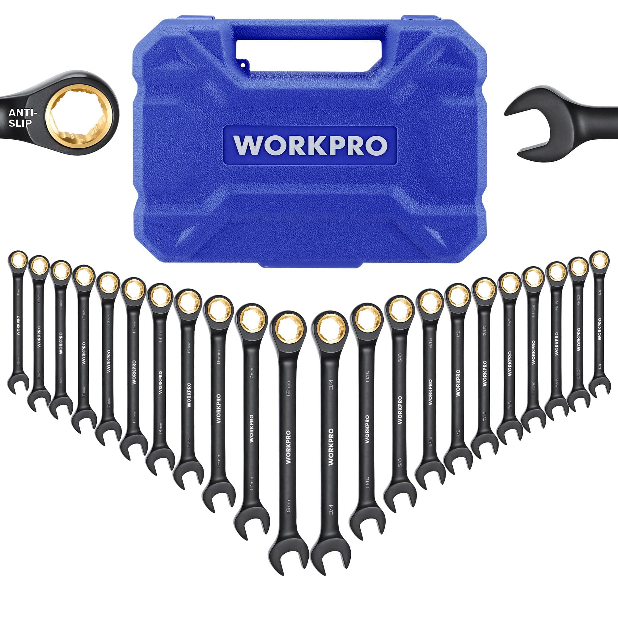 WORKPRO 22-Piece Ratcheting Wrench Set, Anti-slip Teeth, Ratchet Combination Wrench Sets with Organizer Box, Metric 6-18mm & SAE 1/4-3/4", Black Electrophoretic Coating