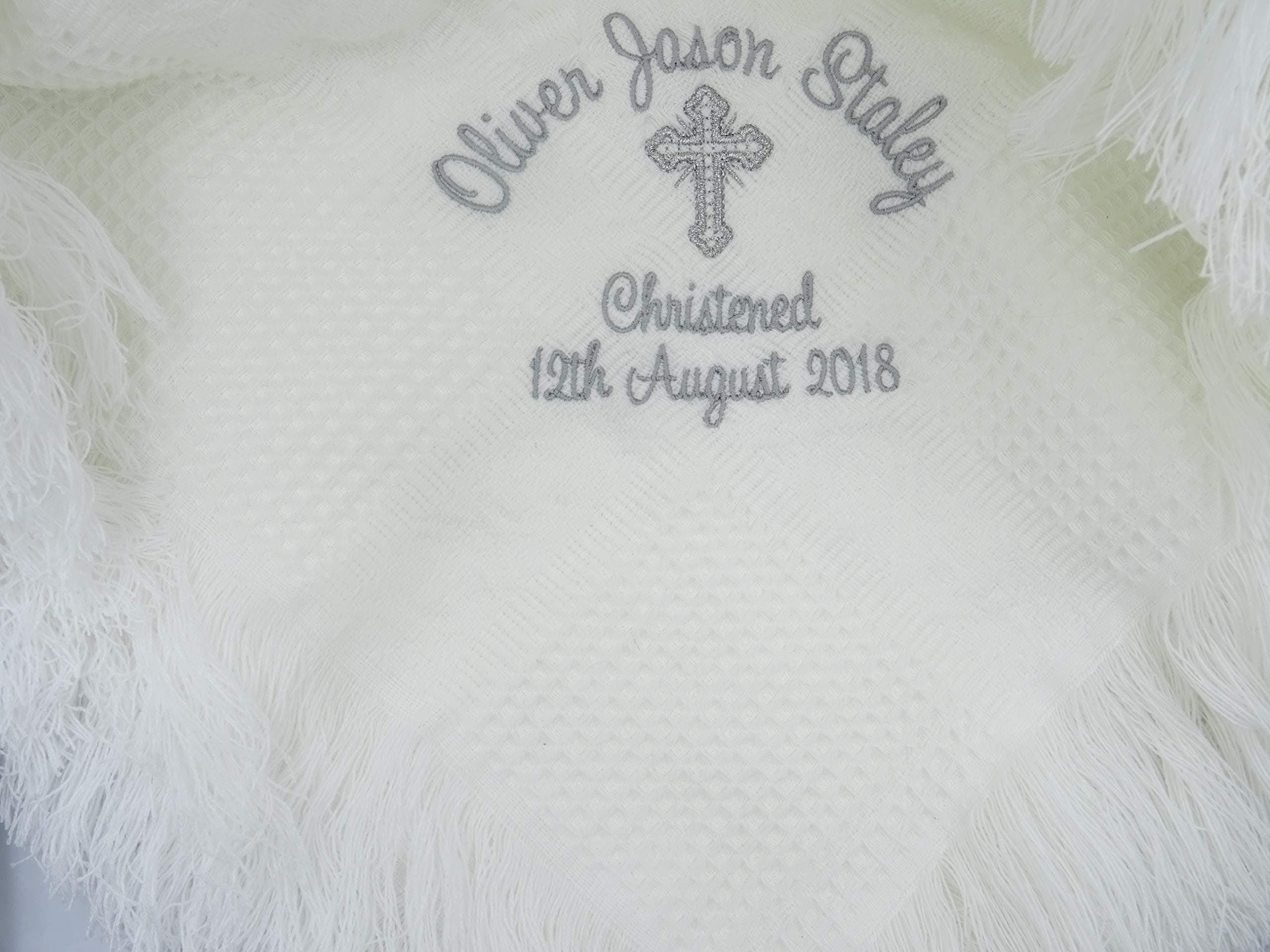 Personalised Baby Christening/Baptism/Naming Day Shawl or Blanket Embroidered with **Full Name** and **Date** with Cross (Fringed Shawl)