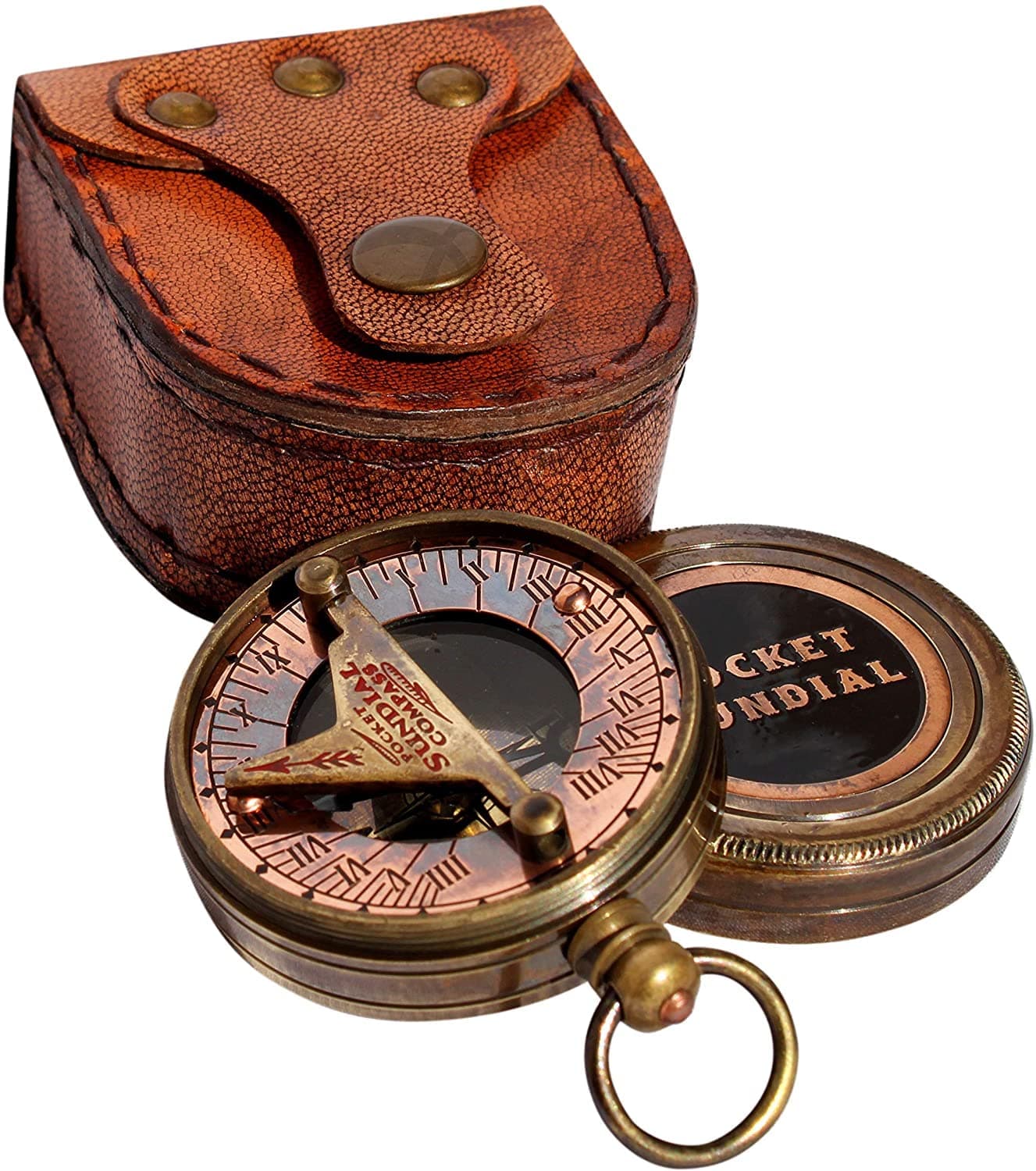 MAH Handmade Brass Sundial Compass Marine Compass Sun Clock – Steam Punk Accessory – Nautical - Home décor Sundial Watch Nautical Vintage Antique Style with Leather Case. C-3170