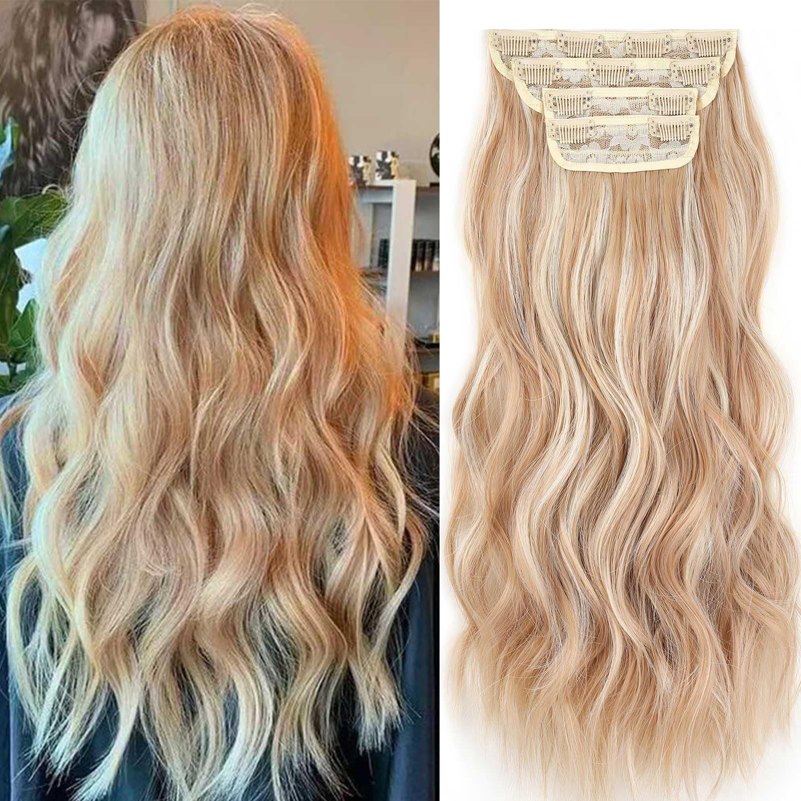 XTREND20Inch Bleach Blonde Curly Hair Extensions Clip in Hair Extensions Synthetic Hair pieces for Women Girls 4PCS Full Head Set Thick Curly Wavy Synthetic Hair Extensions(Brown Mix white Blonde)