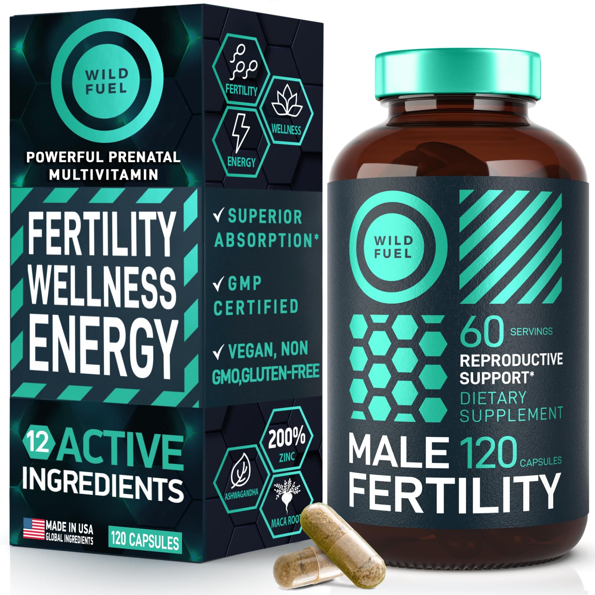 Fertility Supplements for Men Prenatal Vitamin - Maca Root, Ashwagandha, Zinc, Plus Naturals - Conception for Him Men Fertility Vitamins and Male Fertility Support Supplements - 120 Caps for 2 Months
