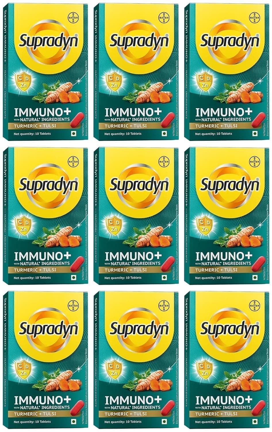 Immuno +, Multivitamin Vit C, Vit D, Zinc, Unique blend of Tulsi, Turmeric, Shatavari & Ashoka, Pack of 9 x 10 Tablets