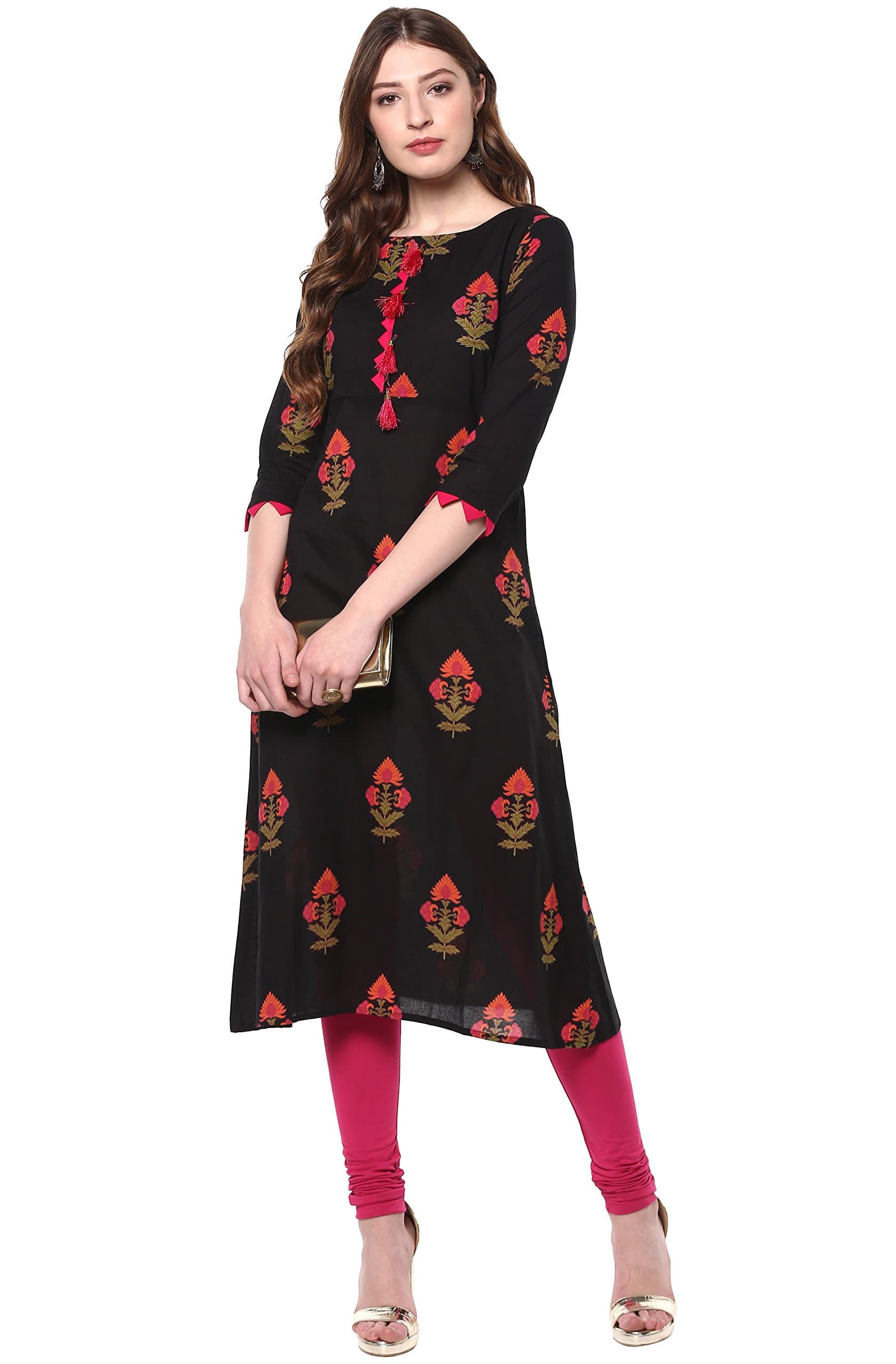 Janasya Indian Women's Cotton Black Floral Print Casual Wear Kurta for Women