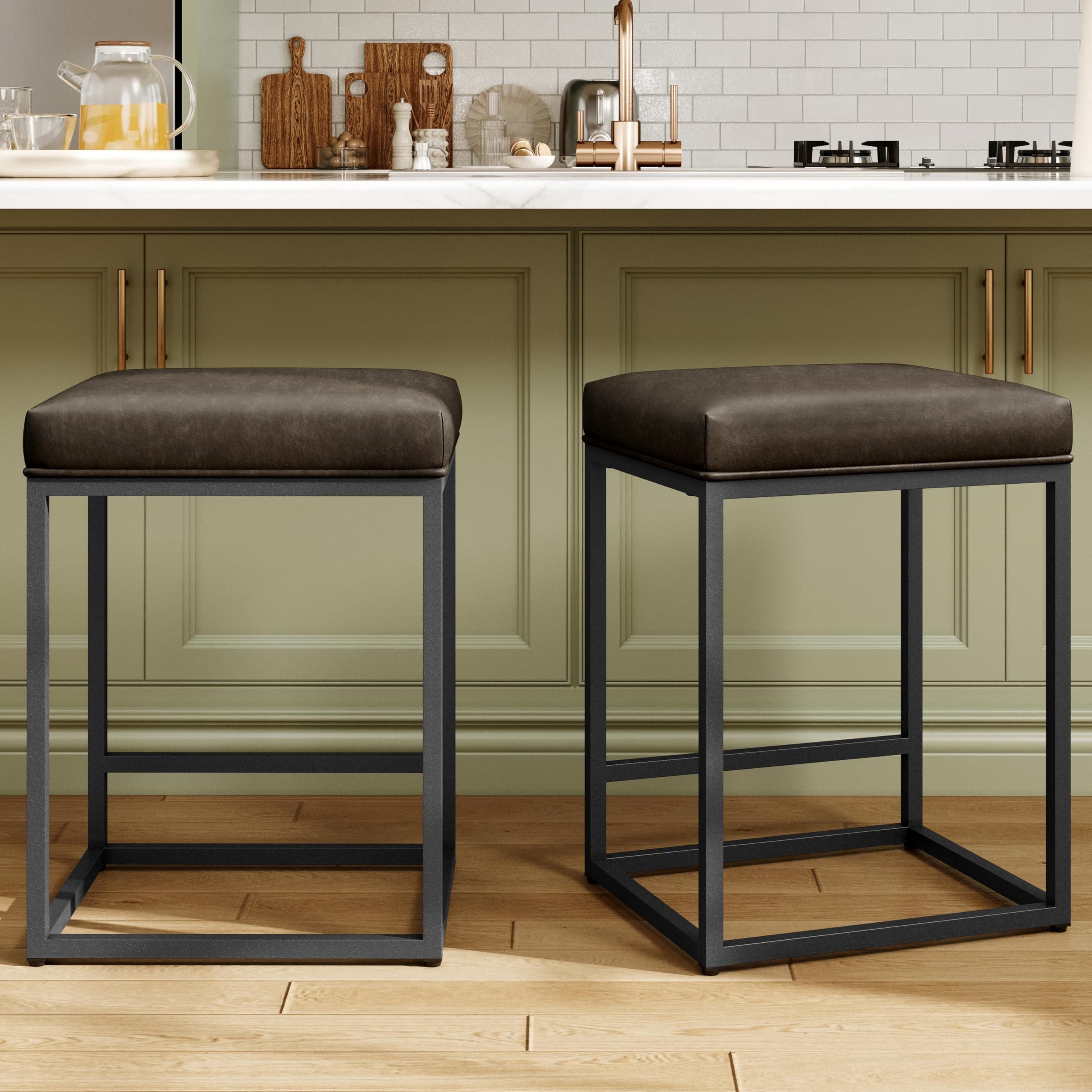 MAISON ARTS Counter Height 24" Bar Stools Set of 2 for Kitchen Counter Backless Modern Barstools Industrial Upholstered Faux Leather Stools Farmhouse Island Chairs, (24 Inch, Grey)