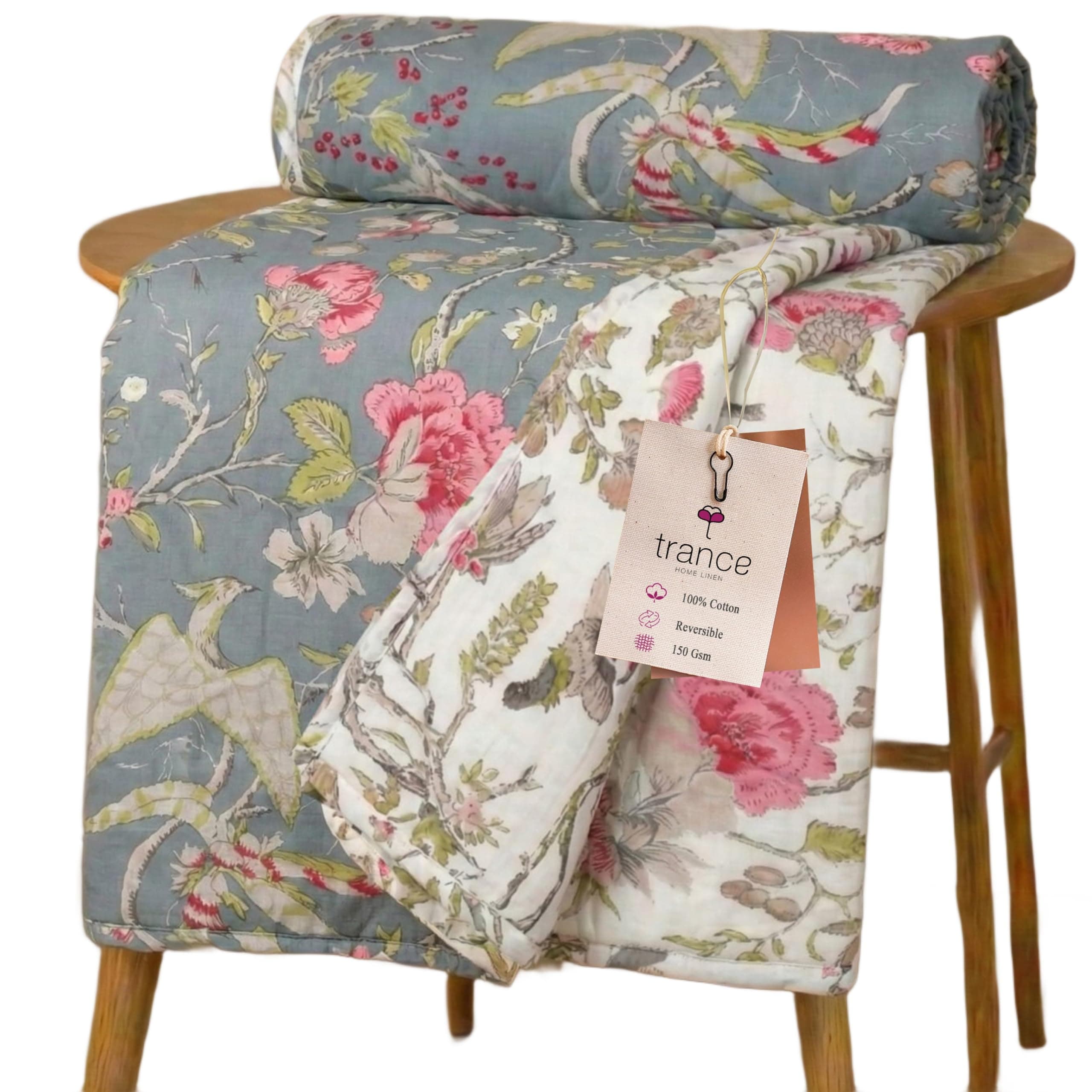 Pure Cotton Reversible Dohar Double Bed Size | AC Blanket Comforter | Soft Light-Weight Bed Blanket Skin Friendly (84 x 88 inch, Calicut Green, Pack of 1)