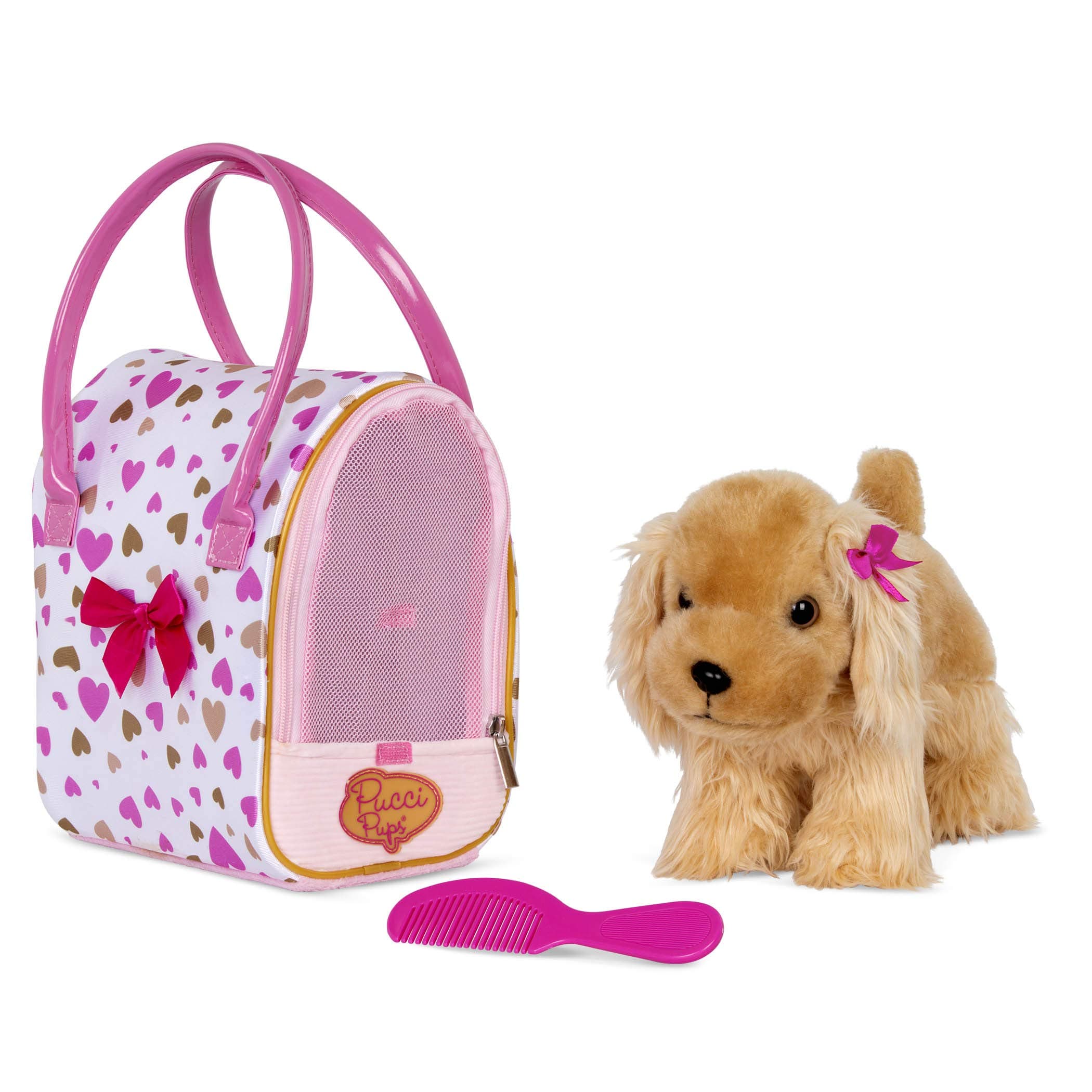 Pucci Pups – Plush Puppy – Dog Carrier – Toy Cocker Spaniel – Pink & Golden Heart Print Bag & Cocker Spaniel and Comb– Stuffed Animal – 3+ Years