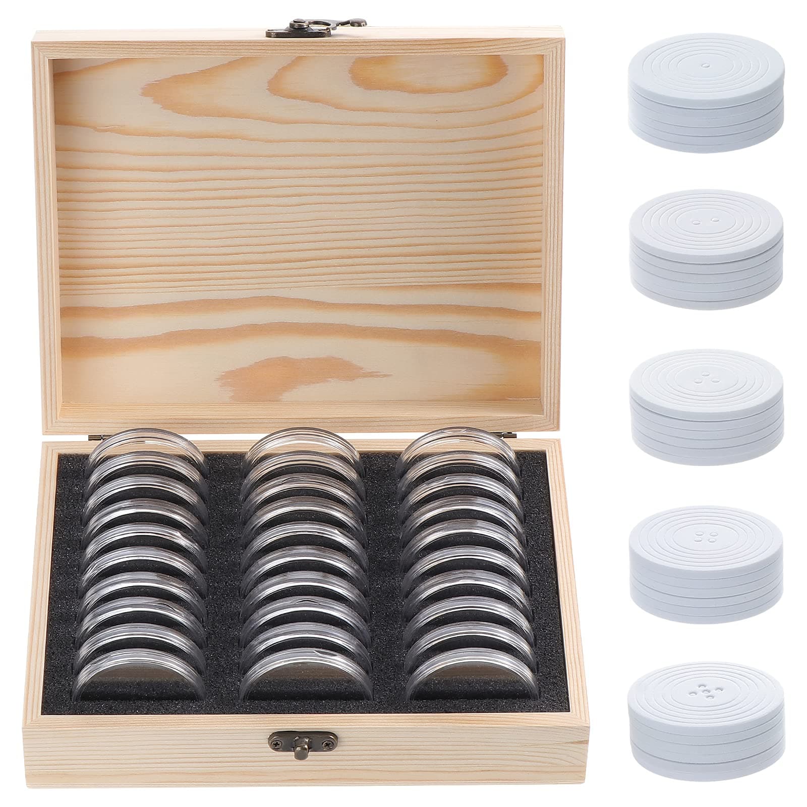 30Pcs Coin Holder Case Wooden Storage Box With Round Capsules Plastic Organizer Protection For Collectors 5 Sizes