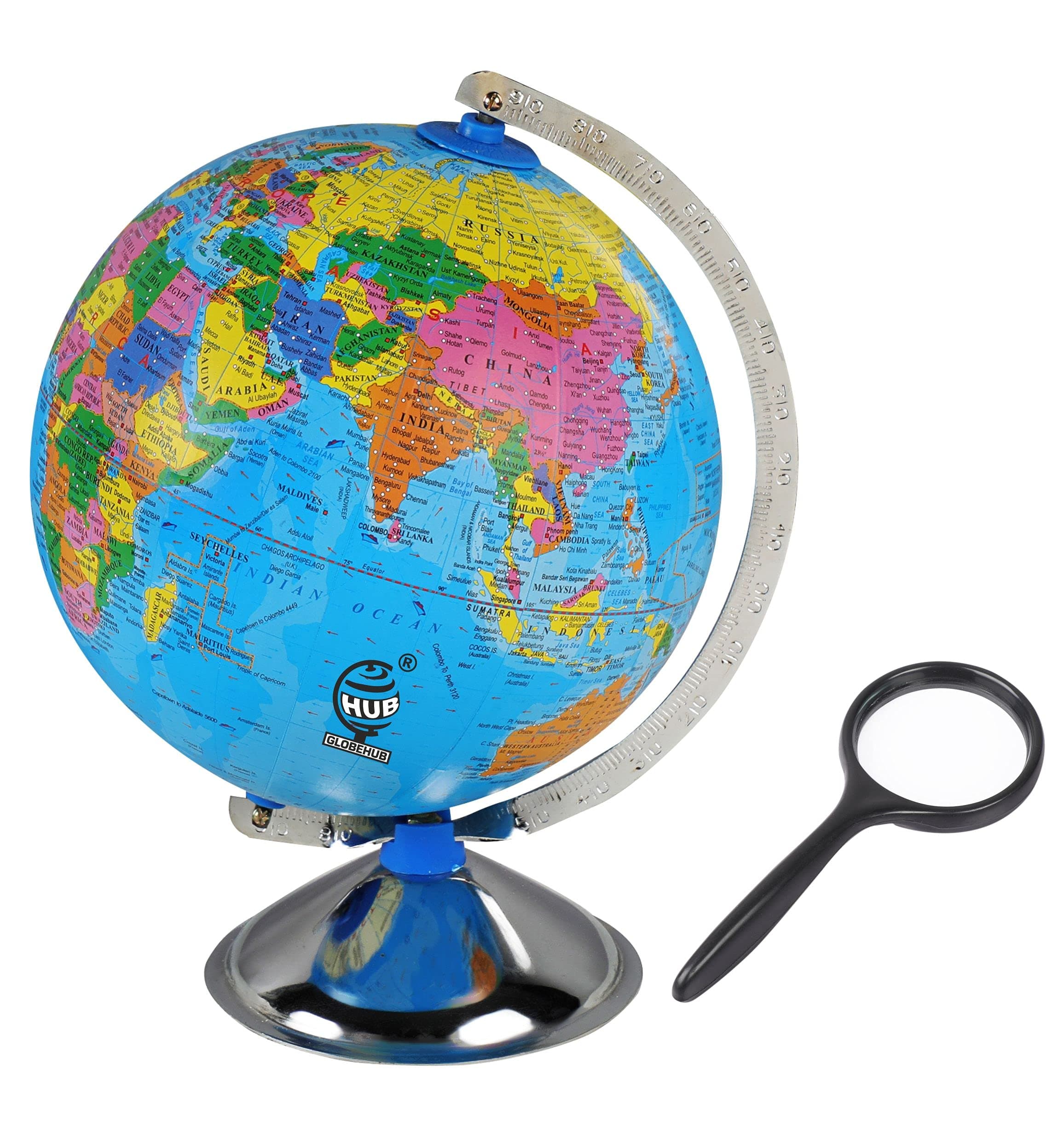 Globehub Hub Globe for Kids, 8 inch Diameter Mittal Educational World Globe with 50mm Magnifying Glass for Kids/Office Globe/Political Globe/Globes for Students Desk & Table Top Political World Globe