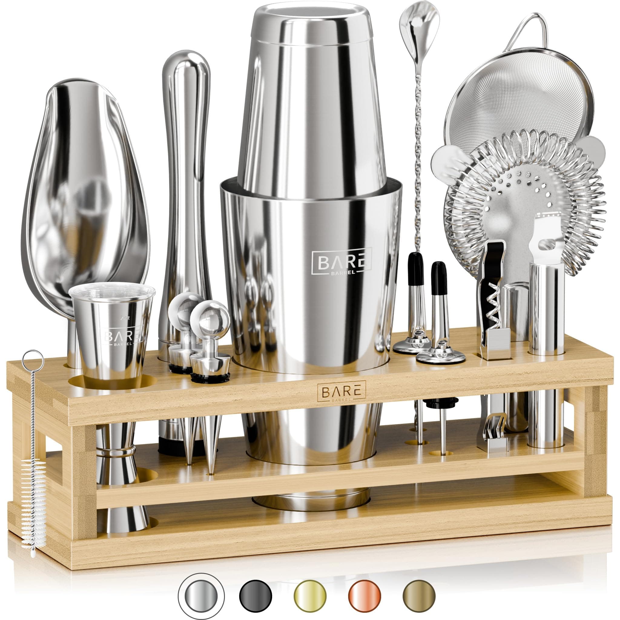 BARE BARREL® Cocktail Making Kit | 16-Piece Bartender Kit Cocktail Shaker Set Maker | Bamboo Display Stand & 35 Recipe Cards | Mixology Cocktail Gift Set (800ml/28oz Boston Shaker, Silver/Natural)