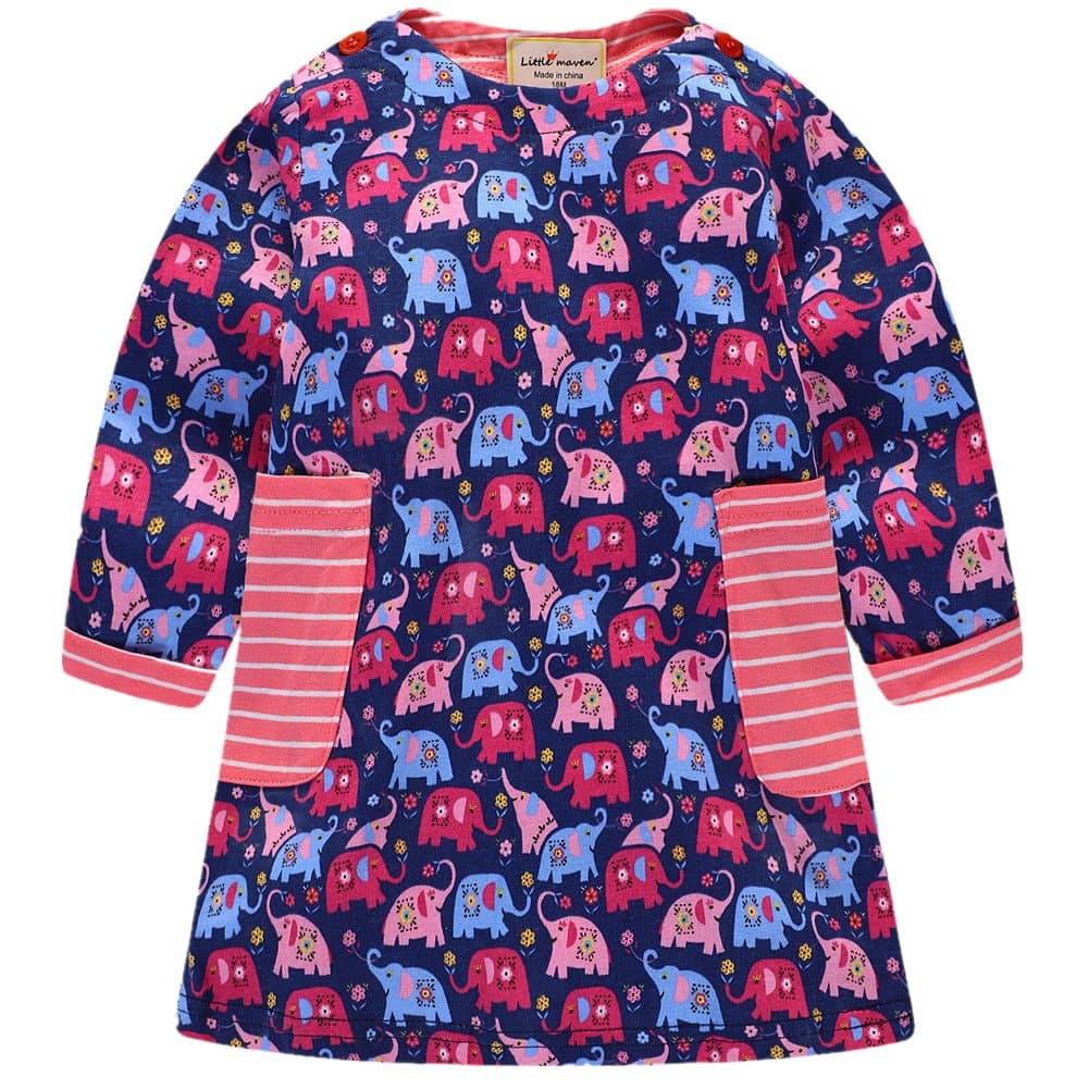 Little Maven Baby Girl Autumn Long Sleeve Cartoon Elephant One-piece Dress 5T