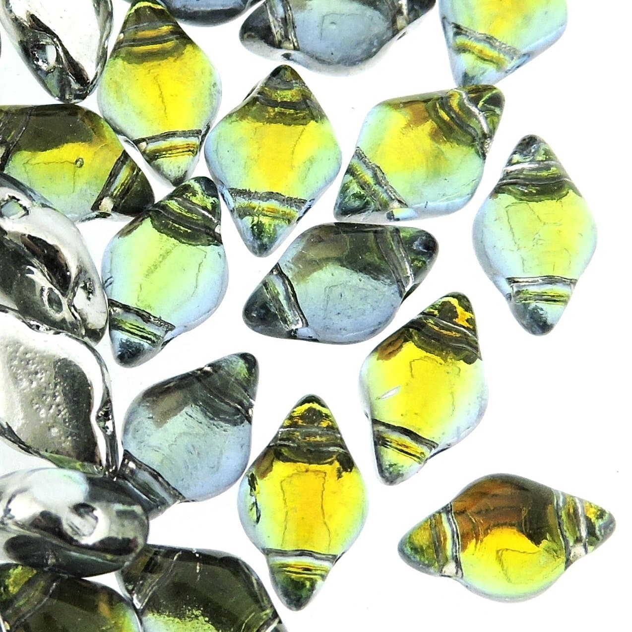 Czech Glass GemDuo Beads, 2-Hole Diamond Shaped Beads 5x8mm, 10 Grams, Backlit Uranium