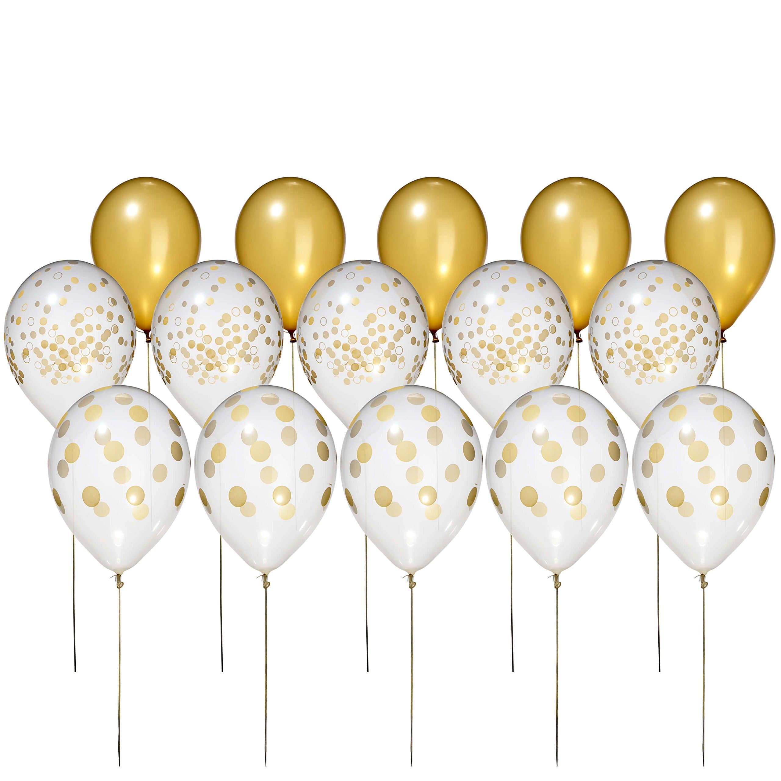 Metallic Gold Faux Confetti Like Balloon Set by Bruno Life 15 Count 11 inch Premium Polka Dot, Solid Party Balloons for Decorations, Wedding, Birthday, Baby Shower, Graduation, Made in The USA