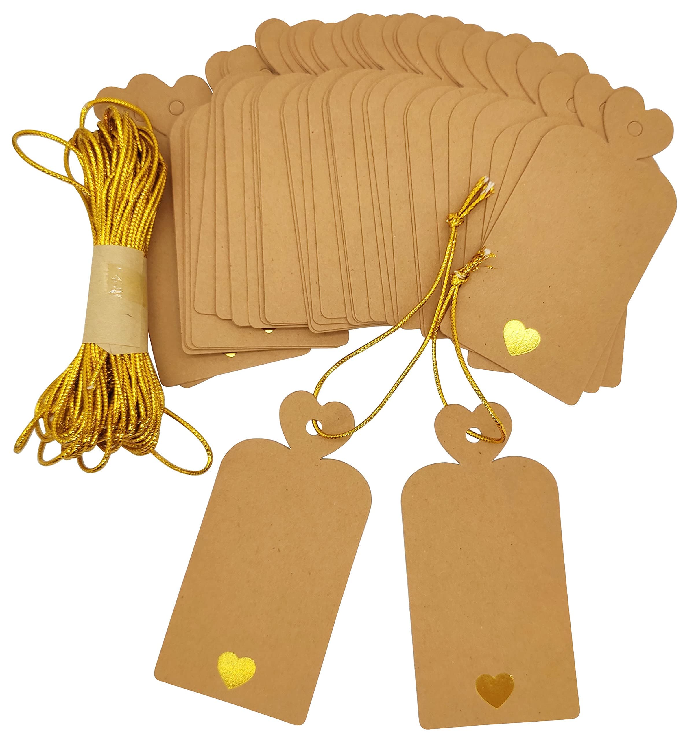 Parxara Brown Gift Tags with String Gold Heart Sparkle Shining 10x5cm Paper Kraft Tags 36pcs for Mother's Day Wedding Baby Shower Valentines Birthday Christmas (Brown)