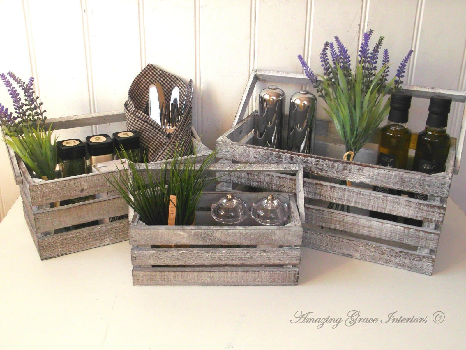 3 Vintage Style Wooden Storage Baskets Crates Condiment Cutlery Holders Kitchen