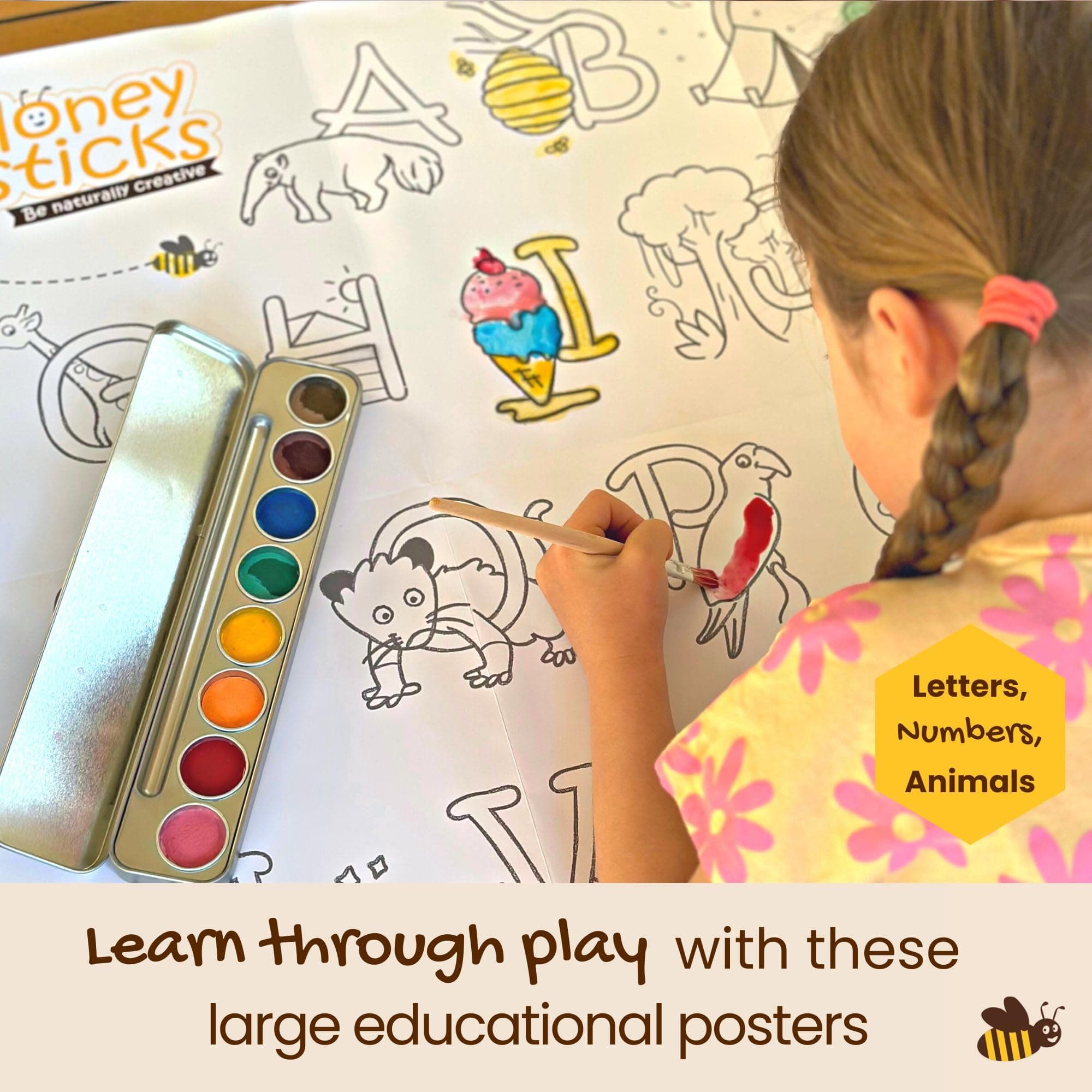 Honeysticks Kids Activity Set - 4 Giant Painting Posters Plus Non-Toxic Kids Watercolor Paint Set with 8 Vibrant Colors and Paintbrush, Educational Painting Kits for Kids, Gifts for Kids Ages 3-5