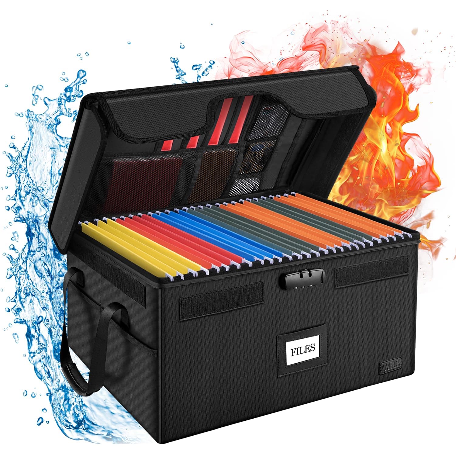 AMBOR Large File Box with Lock, Fireproof Document Box with 5 Tabs, Collapsible File Organizer with Handle for Home Office for Letter & Legal Folder/Certifications/Books Storage, Black, WJX001
