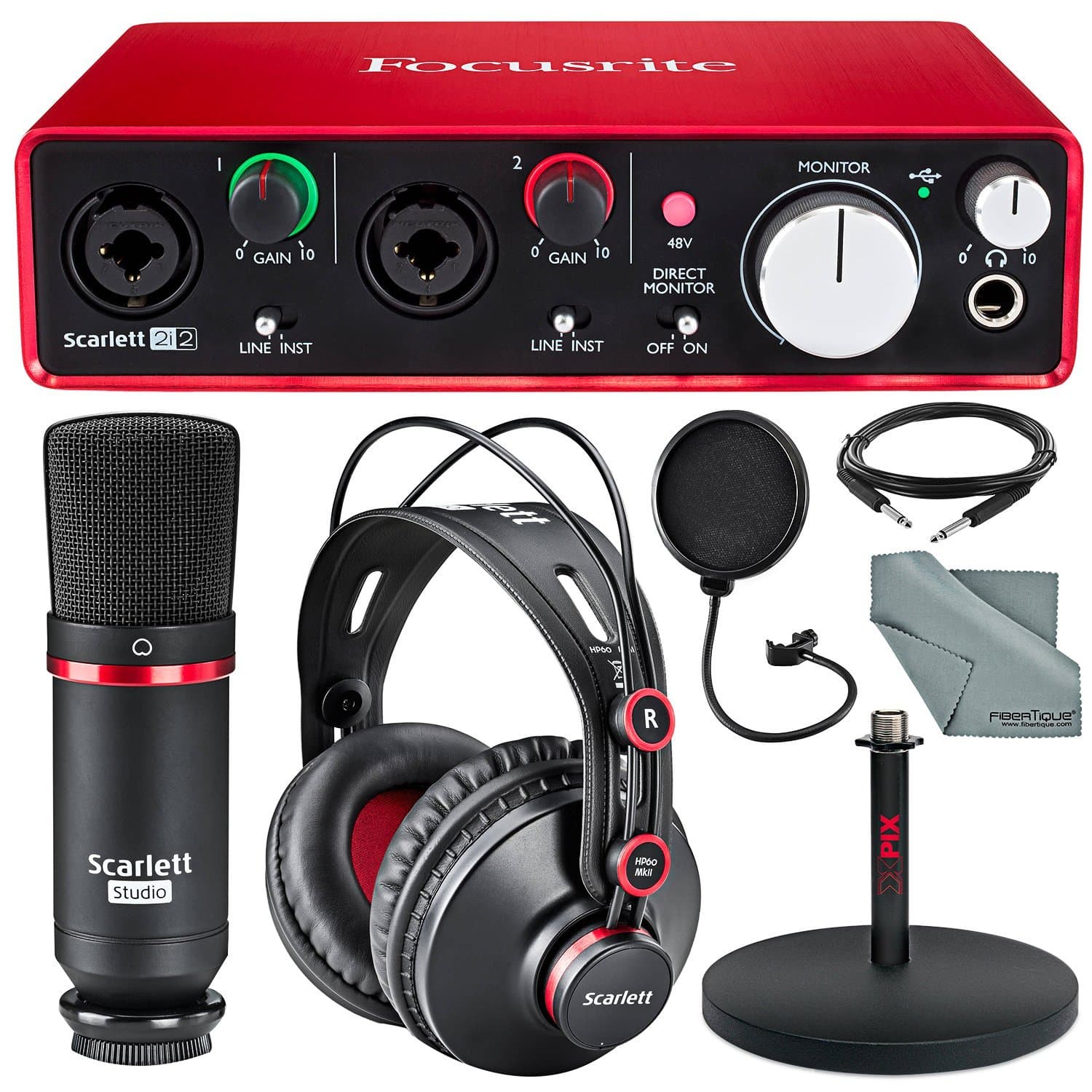 Focusrite Scarlett Studio 2i2 Complete Recording Package for Musicians (2nd Generation) and Accessory Bundle w/Xpix Mic Stand, Pop Filter, Fibertique Cloth, More