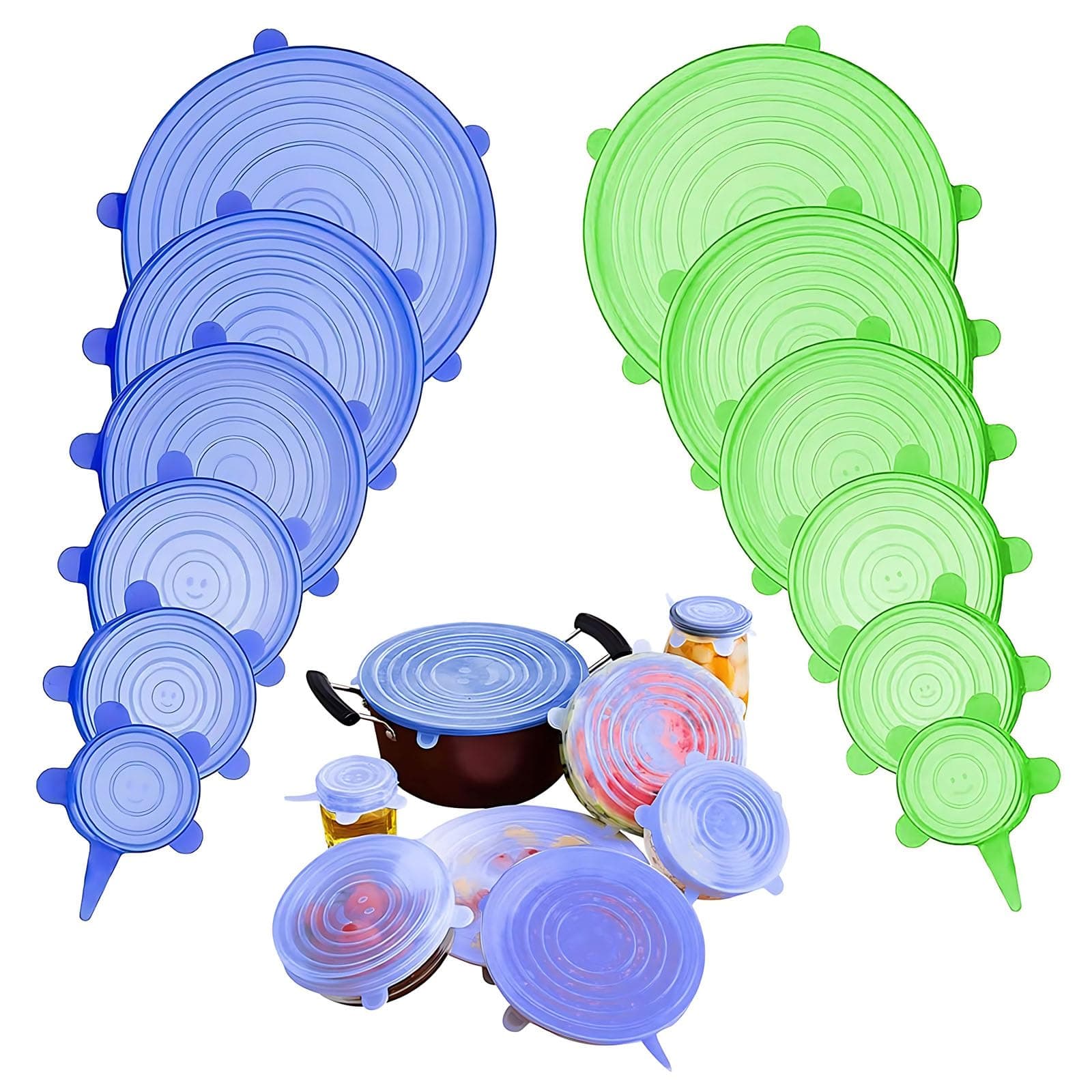 Adpartner Silicone Stretch Lids, 12-Pack Reusable Silicone Lids and Food Covers for Food Storage, BPA-free Silicone Covers for Bowls, 6 Sizes to Fit Most Containers, Microwave & Dishwasher Use Safe