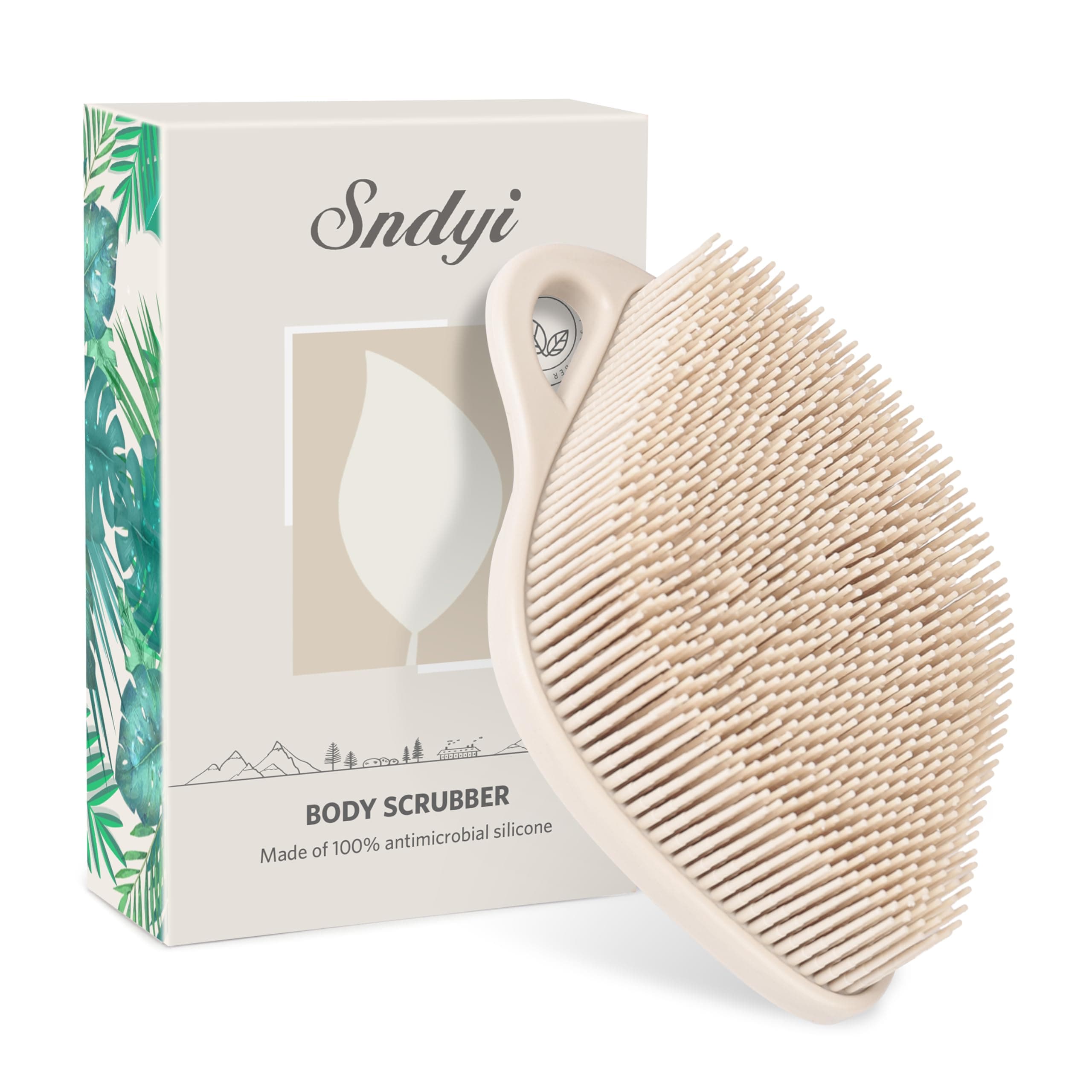 Sndyi Silicone Body Scrubber, Gentle Exfoliating Shower Scrubber for Sensitive Skin, Leaf Shaped Silicone Loofah Body Brush with Lathering Bristles, Oatmeal