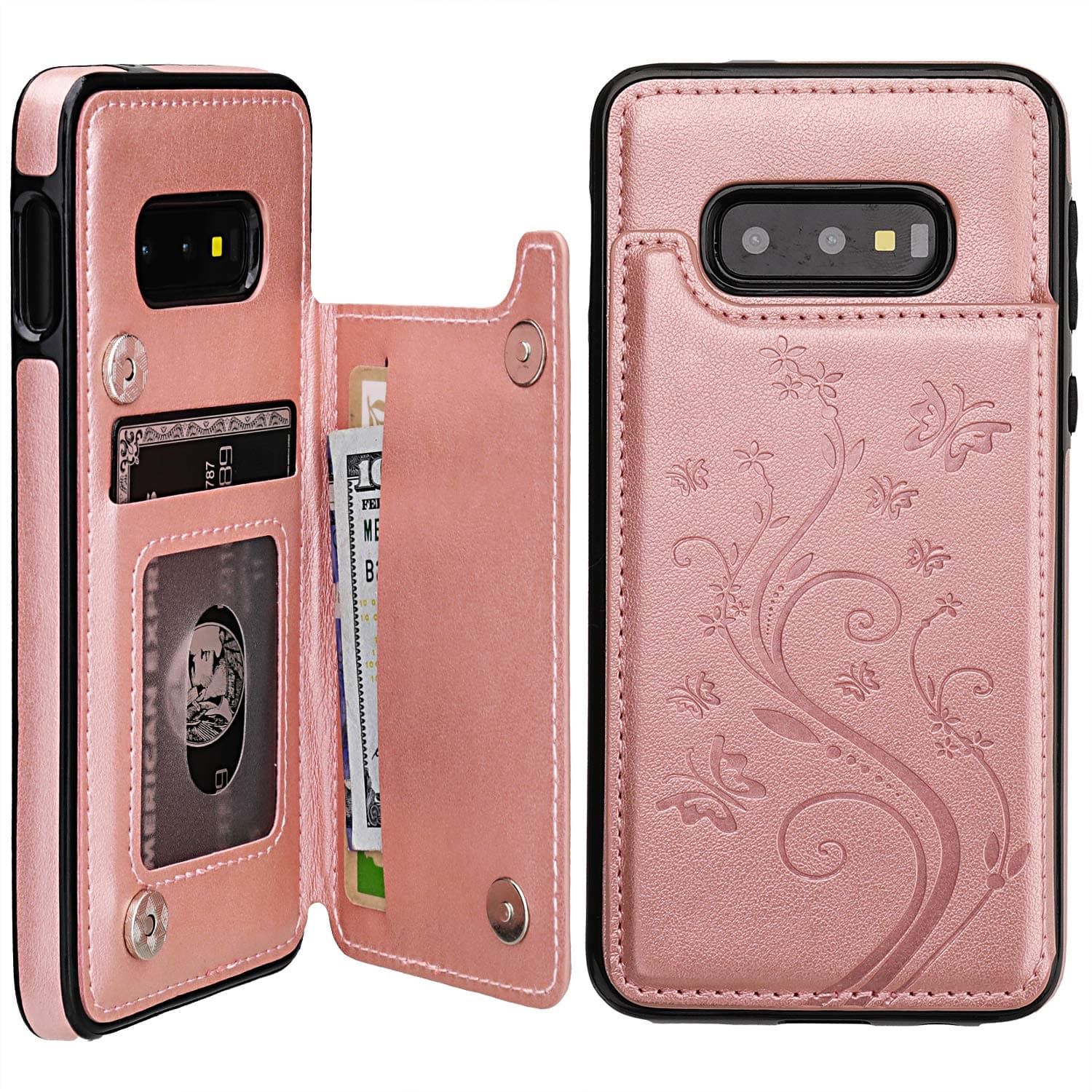 Vaburs S10e Case Wallet with Card Holder, Embossed Butterfly Premium PU Leather Double Magnetic Buttons Flip Shockproof Protective Case Cover for Samsung Galaxy S10e(Butterfly Rose Gold)