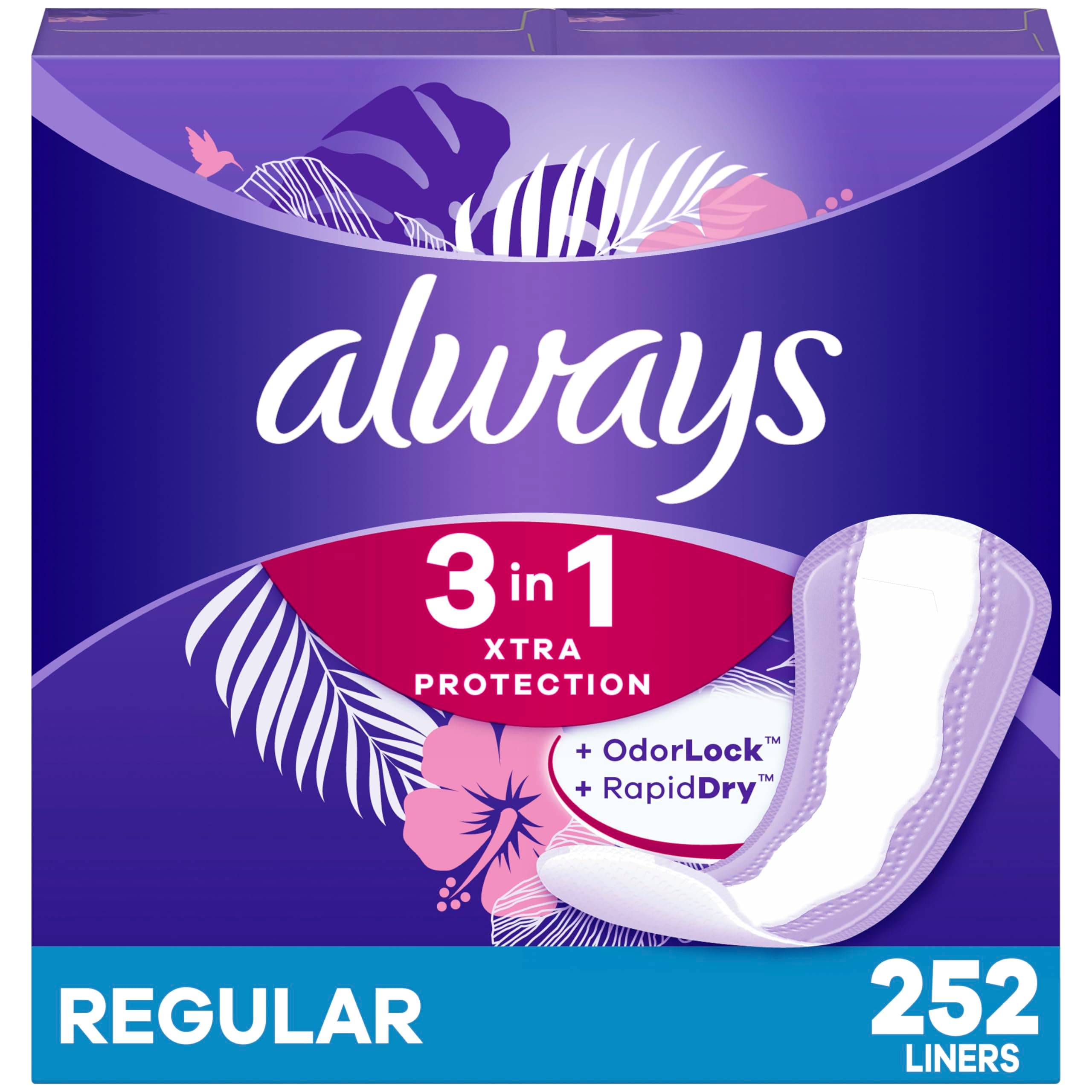 Always 3-in-1 Xtra Protection, Daily Liners for Women, Regular Absorbency, with Leakguard + Rapiddry, Unscented, 84 Count x 3 (252 Count Total) (Packaging May Vary)