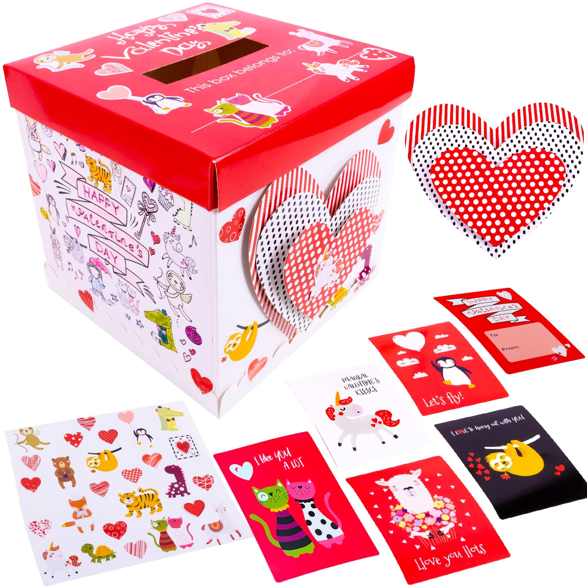 Hapinest 32 Valentines Day Cards for Kids with DIY Mailbox for Classroom Exchange - 1 Card Box, 32 Valentines, 6 Craft Paper Hearts, and 3 Sticker Sheets