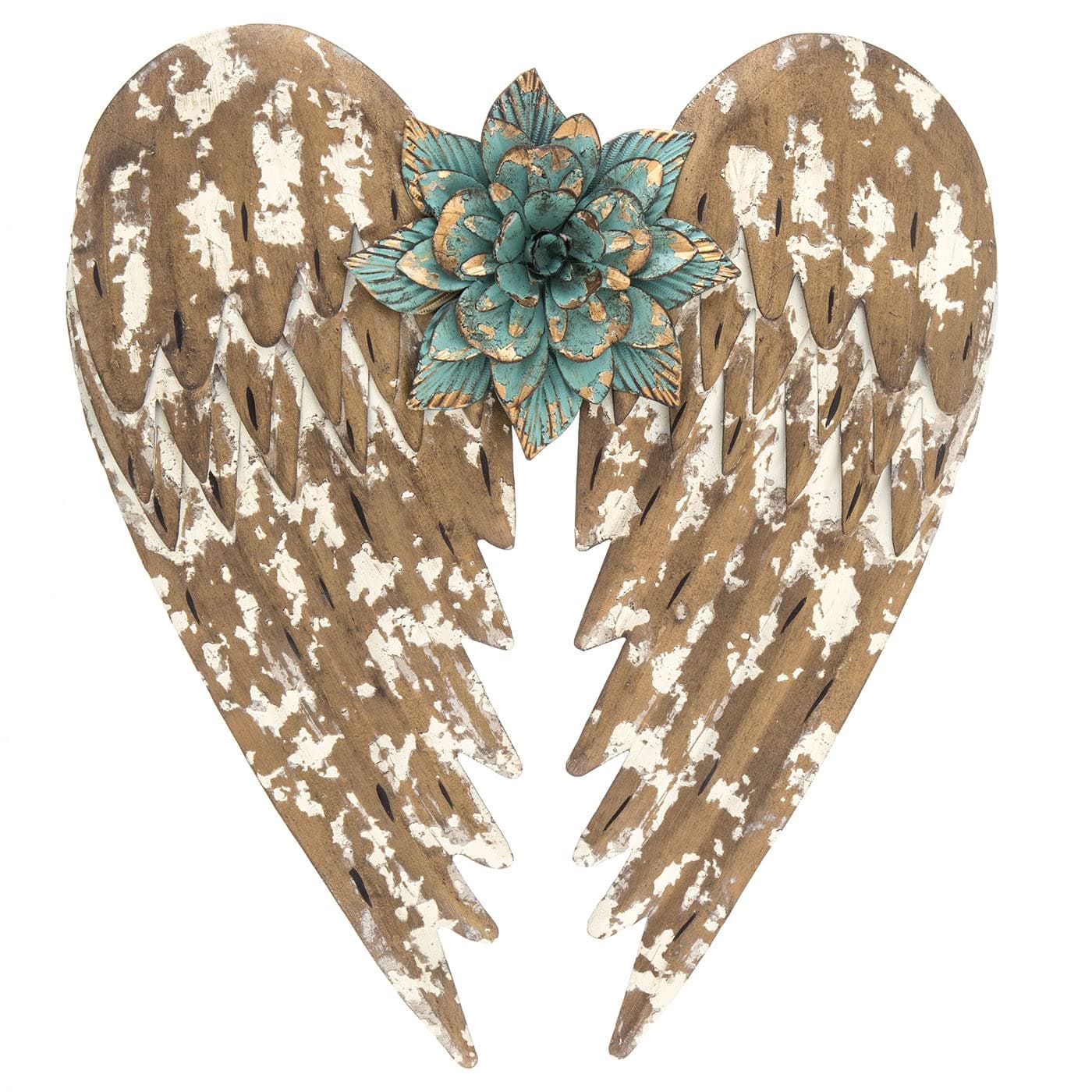 Hobby Lobby Distressed Rustic Vintage Angel Wings & Turquoise Flower Metal Wall Home Decor