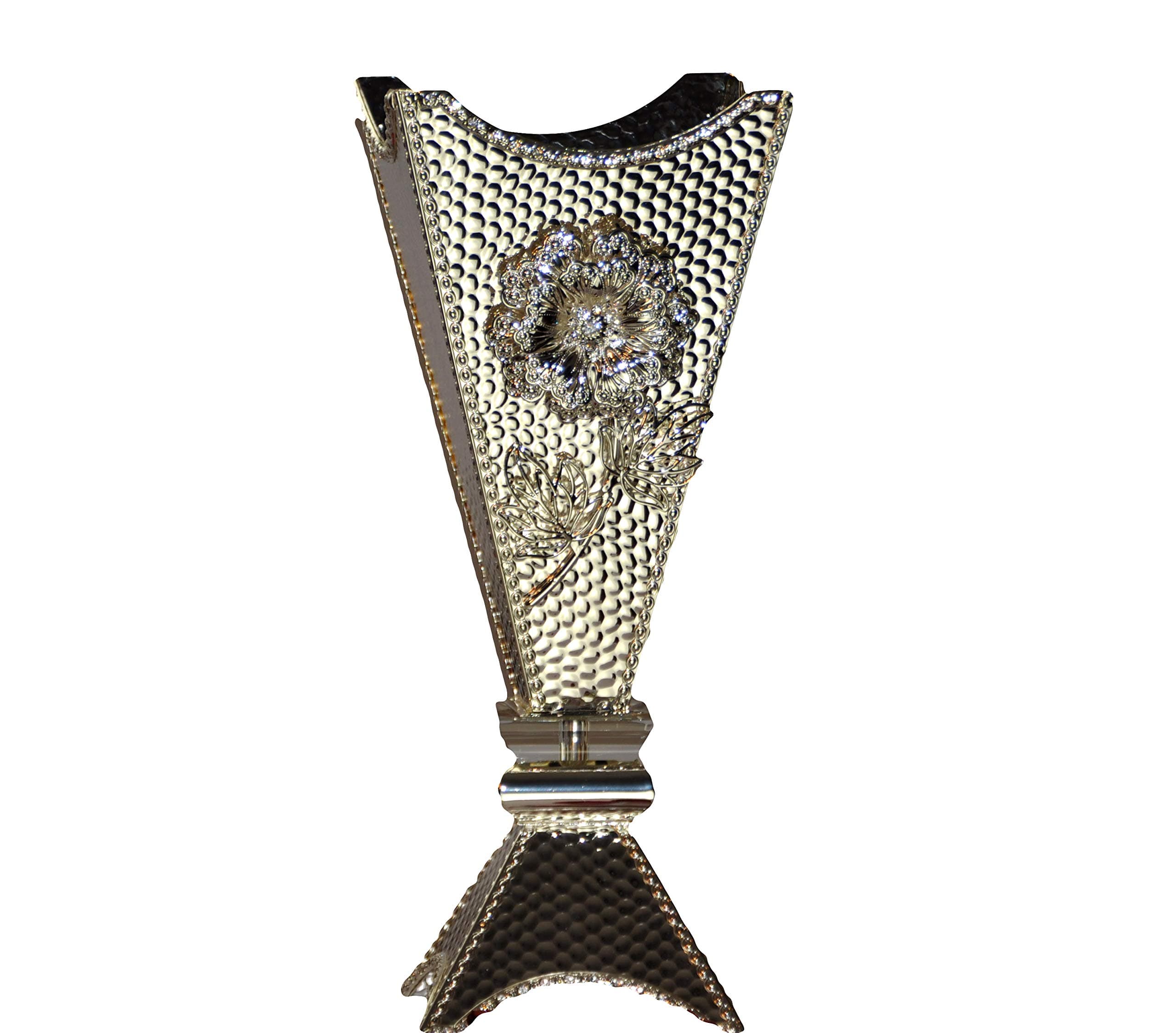 Intense Oud 4 Corner Textured Flower Incense Burner – 14 Inch Tall Silver Oud Burner (Mabkhara) with Metal Tray, Ideal for Aromatherapy, Yoga, Home & Office Decor