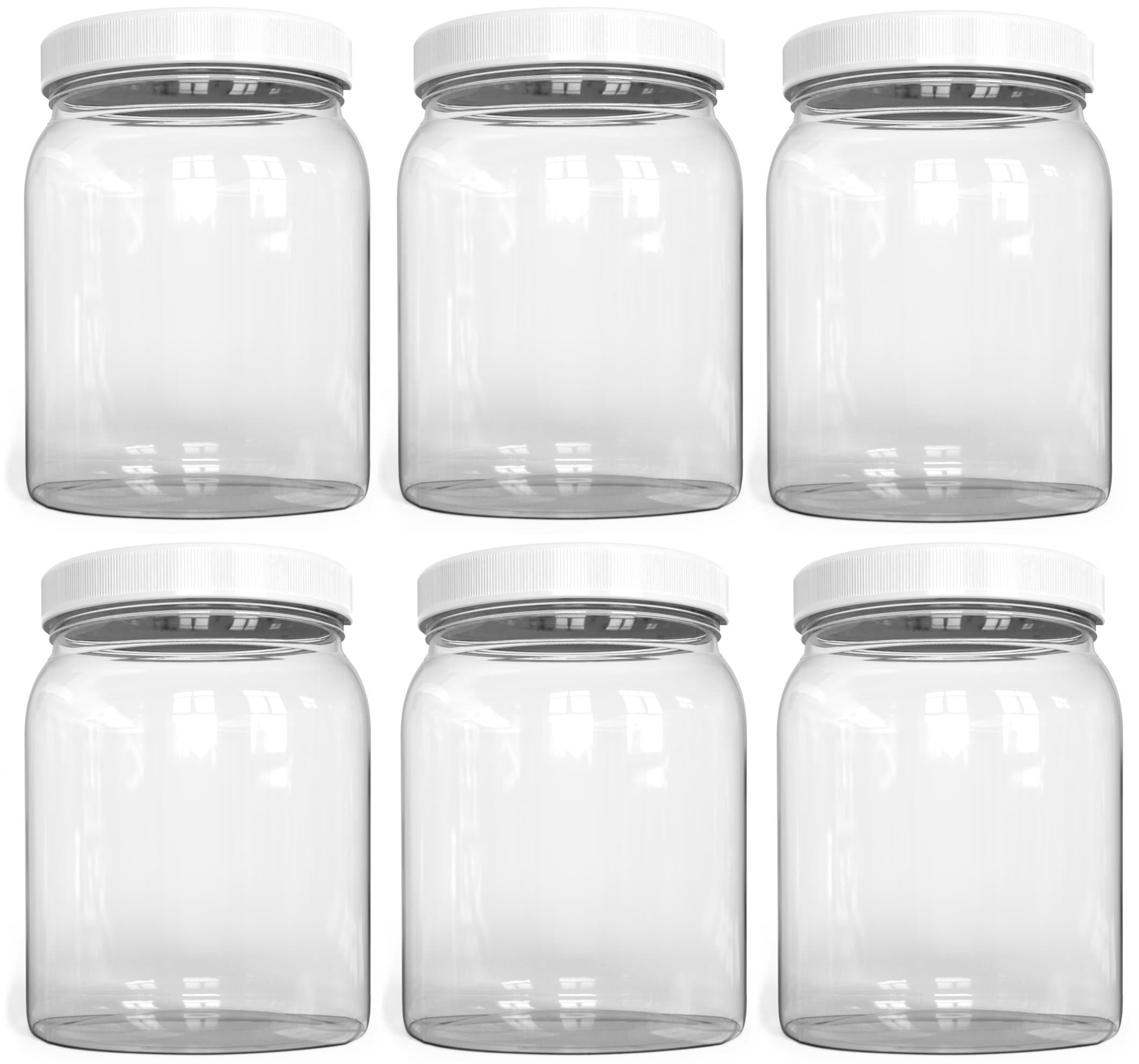 ½ Half Gallon PLASTIC Jars, Wide Mouth Jar, Clear, with Airtight Lined Fresh Seal Lid, Shatter-Proof Container Food Storage Safe PET 1 BPA Free 2 Quart 64 oz Canning, Great for Storing Snacks (6)