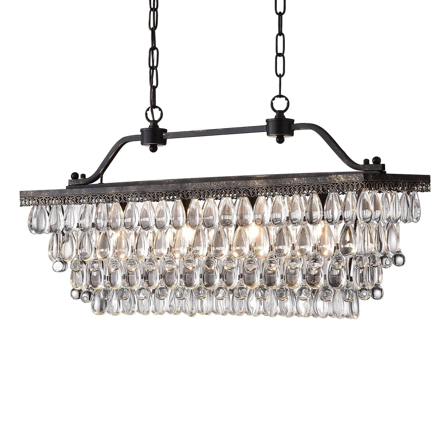 Edvivi Rectangular Linear Crystal Chandelier 30 in. W, 4 Lights Luxury Glam Adjustable Ceiling Lighting Fixture with 4 Rows of Teardrop Crystals for Living Dining Room Kitchen Island, Antique Bronze