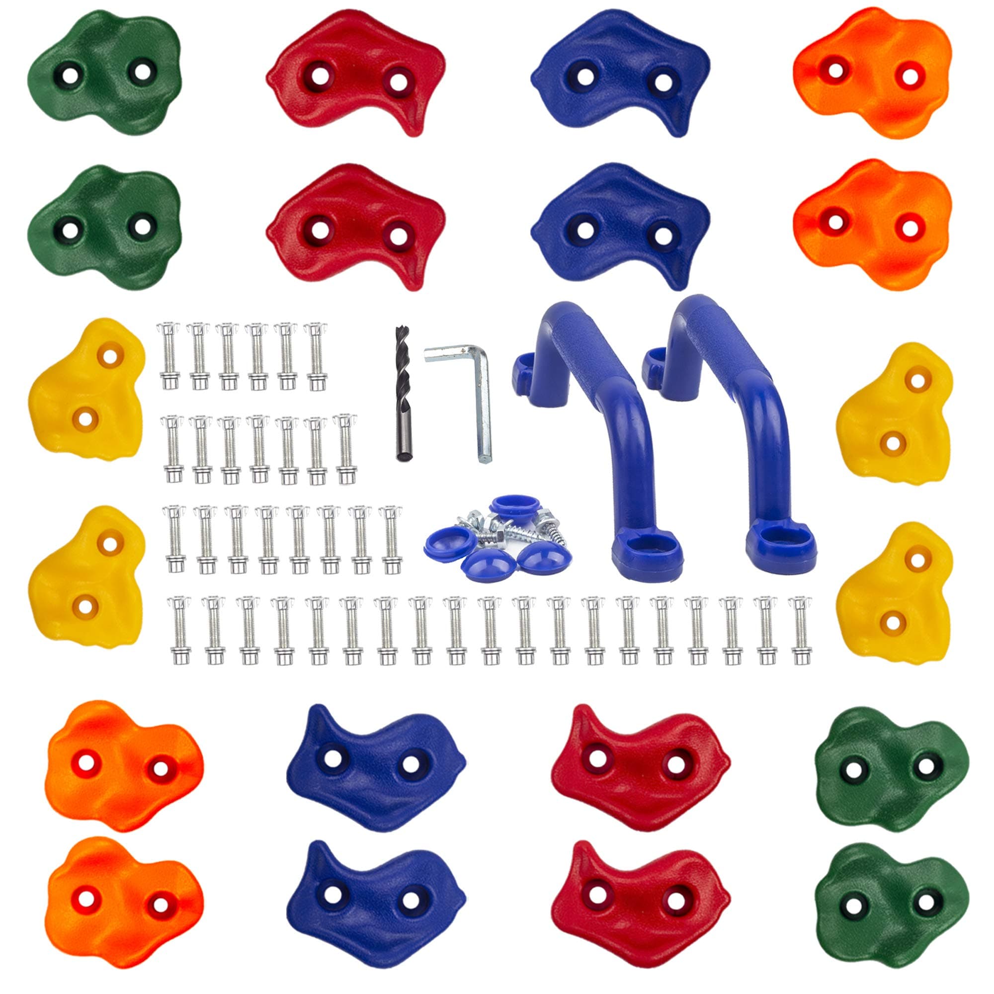 20pc Rock Wall Climbing Holds Kids & Prise Escalade Enfant, Colourful Pig Nose Shape Climbing Set with Two Blue Handles for Indoor Outdoor Playground PlaySet Building