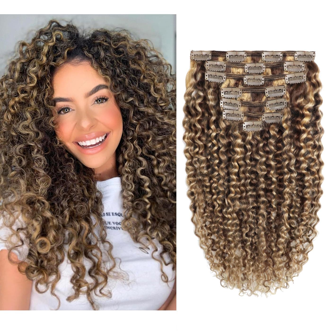 Clip in Human Hair Extensions Afro Jerry Curly 3B 3C Real Hair Clip in Extensions For Black Women Natural Black Color 100% Brazilian African American Hair Extensions (20 inch, Jerry Curly #P4/27)