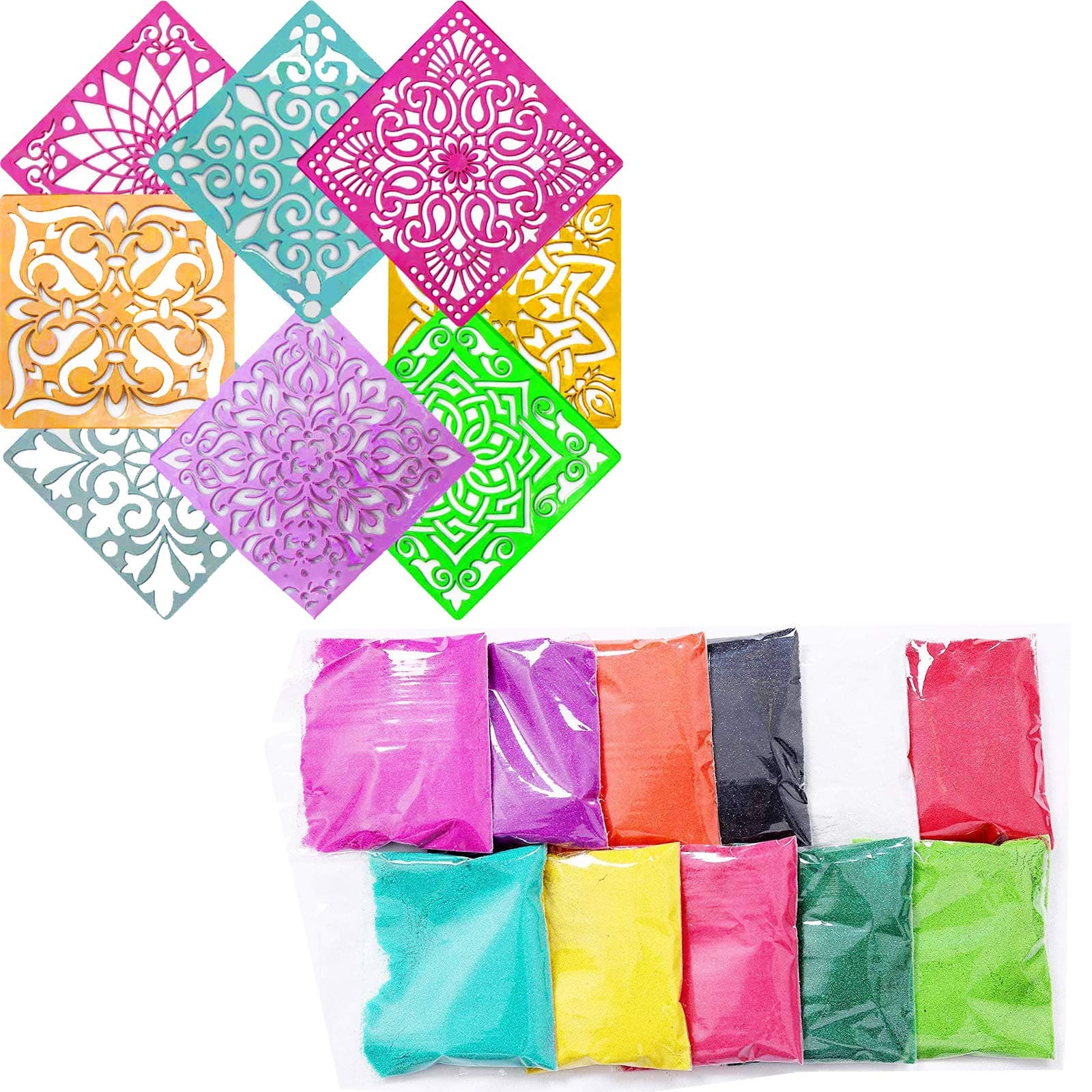 Ascension 10 Multicolour Rangoli Powder 80g Each, 12 Multi Design Stencils 8x8