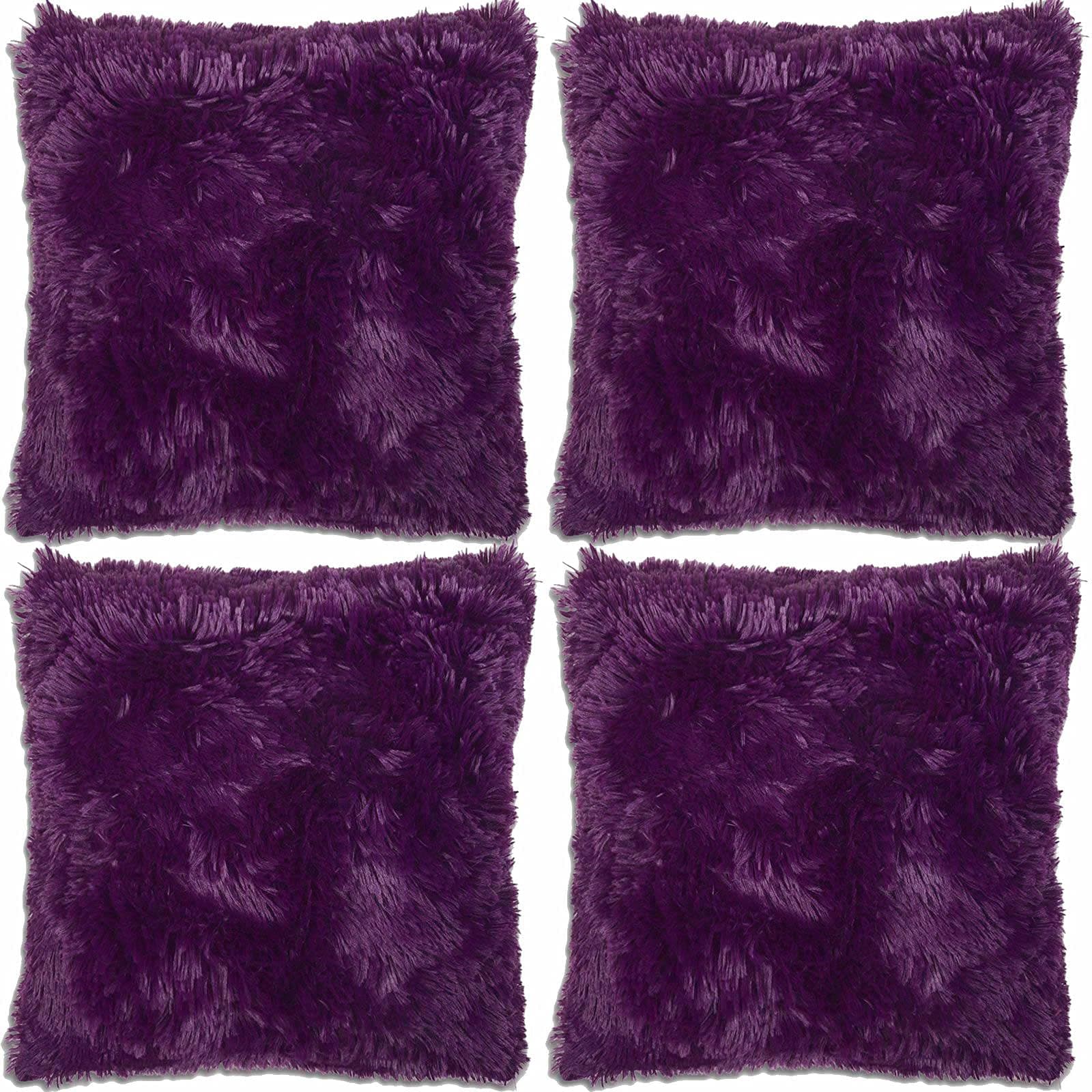 Adore 4 x Long Pile Super Soft and Cuddly Shaggy 17x17 (43x43cm) Cushion Cover, Purple
