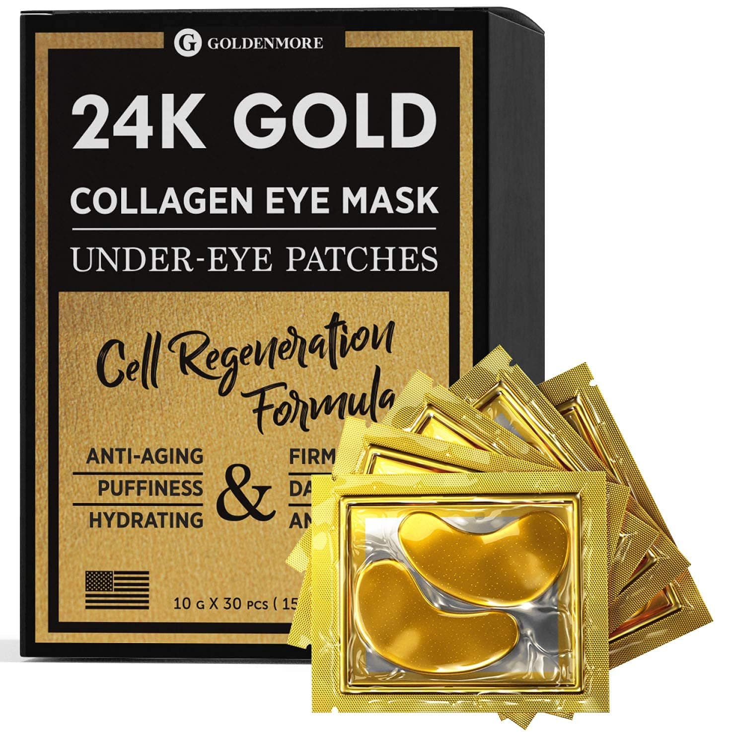 Gold Collagen Eye Masks Under-Eye Hydrogel Patches 15 pairs - Anti Wrinkle & Dark Circles - Puffy Eyes & Under Eye Bags Treatment - Cell Regenerating, Nourishing and Hydrating - Made in USA