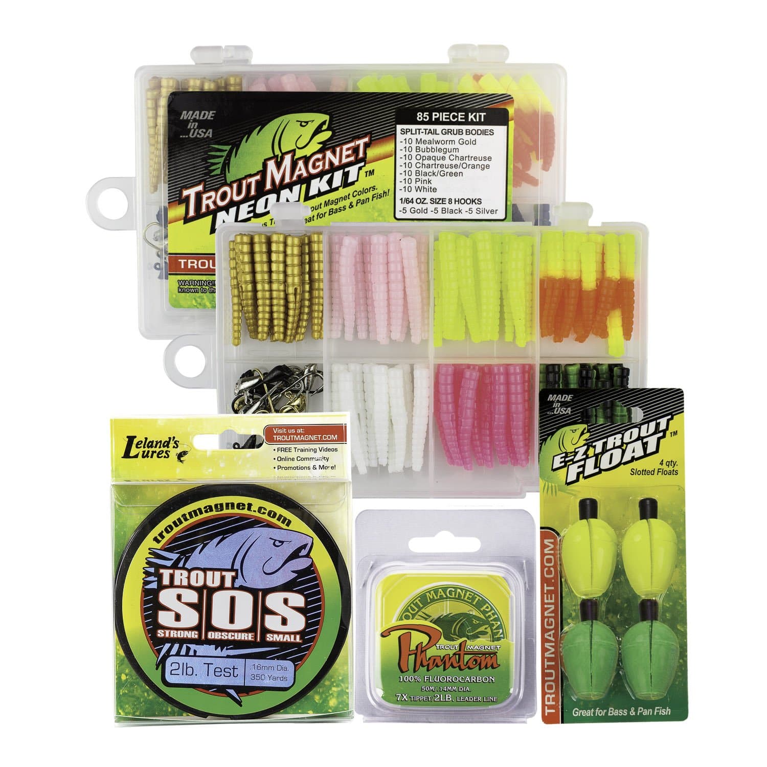 Trout Magnet Ultimate Bundle - 82 pc Trout Fishing Gear Kit - 350 Yard Trout S.O.S. Monofilament Fishing Line, Phantom Fluorocarbon Leader Line, 4 E-ZTrout Floats