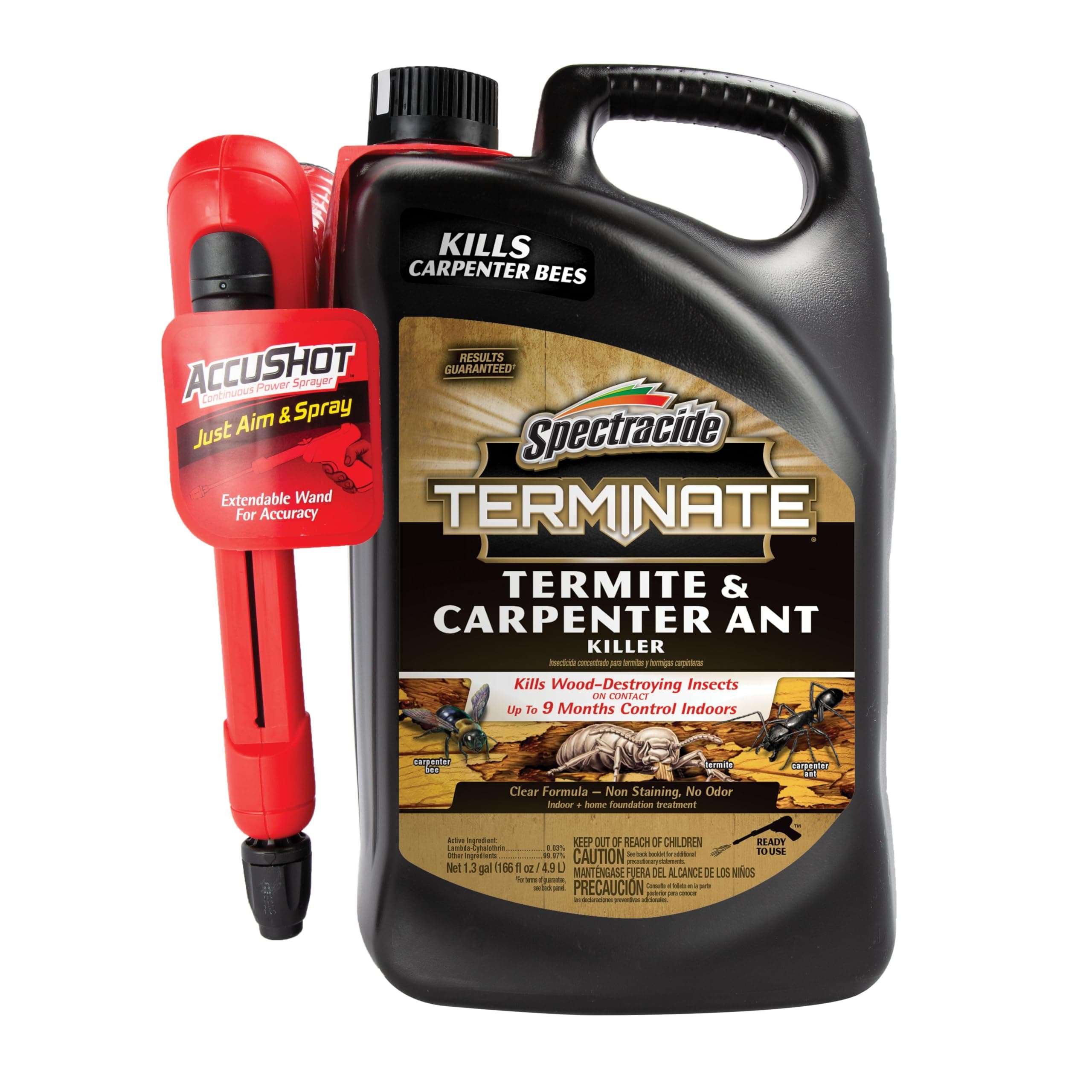 - Terminate Termite And Carpenter Ant Killer 1.33 Gallons, Includes AccuShot Sprayer, Light Yellow/Water White