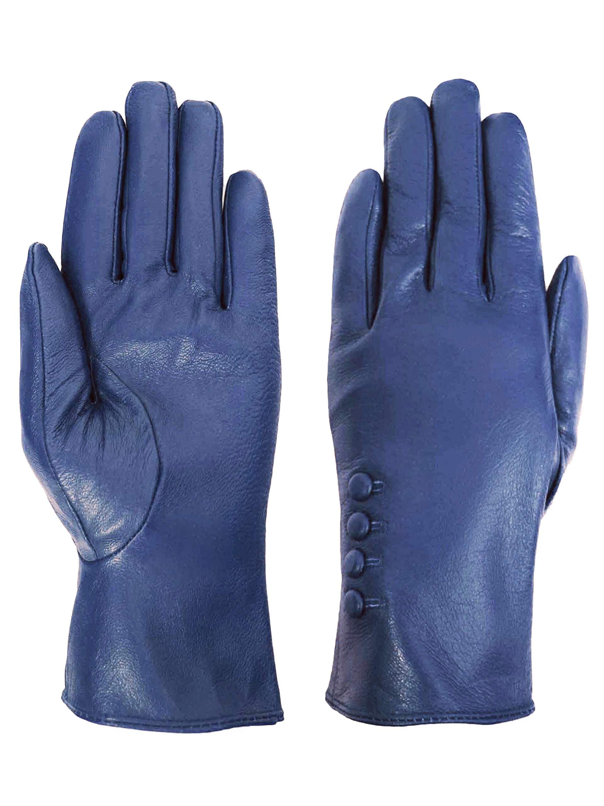 Women's Plush Lined 4-Button Dress Leather Gloves - Blue - L