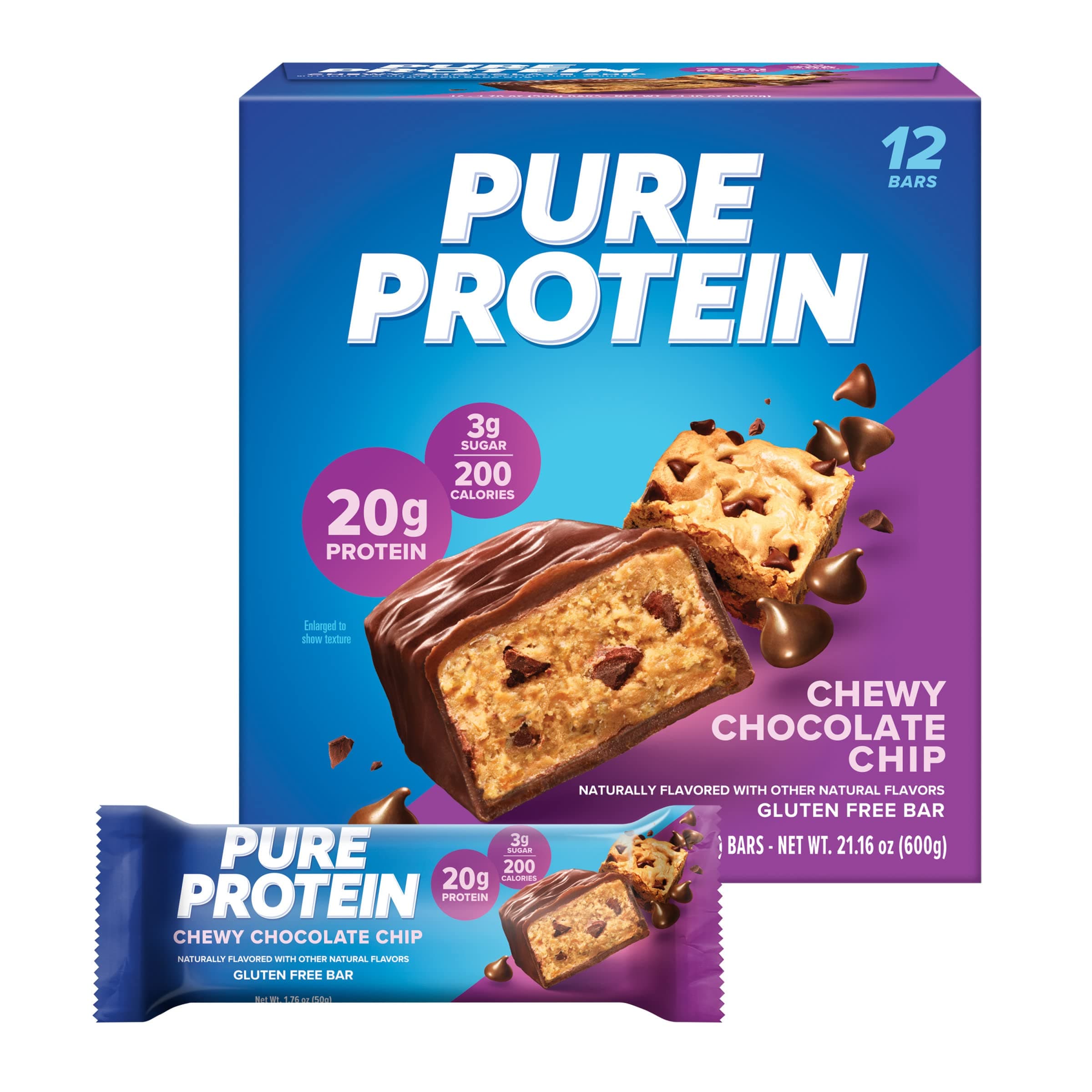 Chewy Chocolate Chip Protein Bars – 20g Protein, 3g Sugar, 190 Calories (12 count) Low Sugar* High Protein Snack - Gluten Free - Perfect for a Healthy Snack