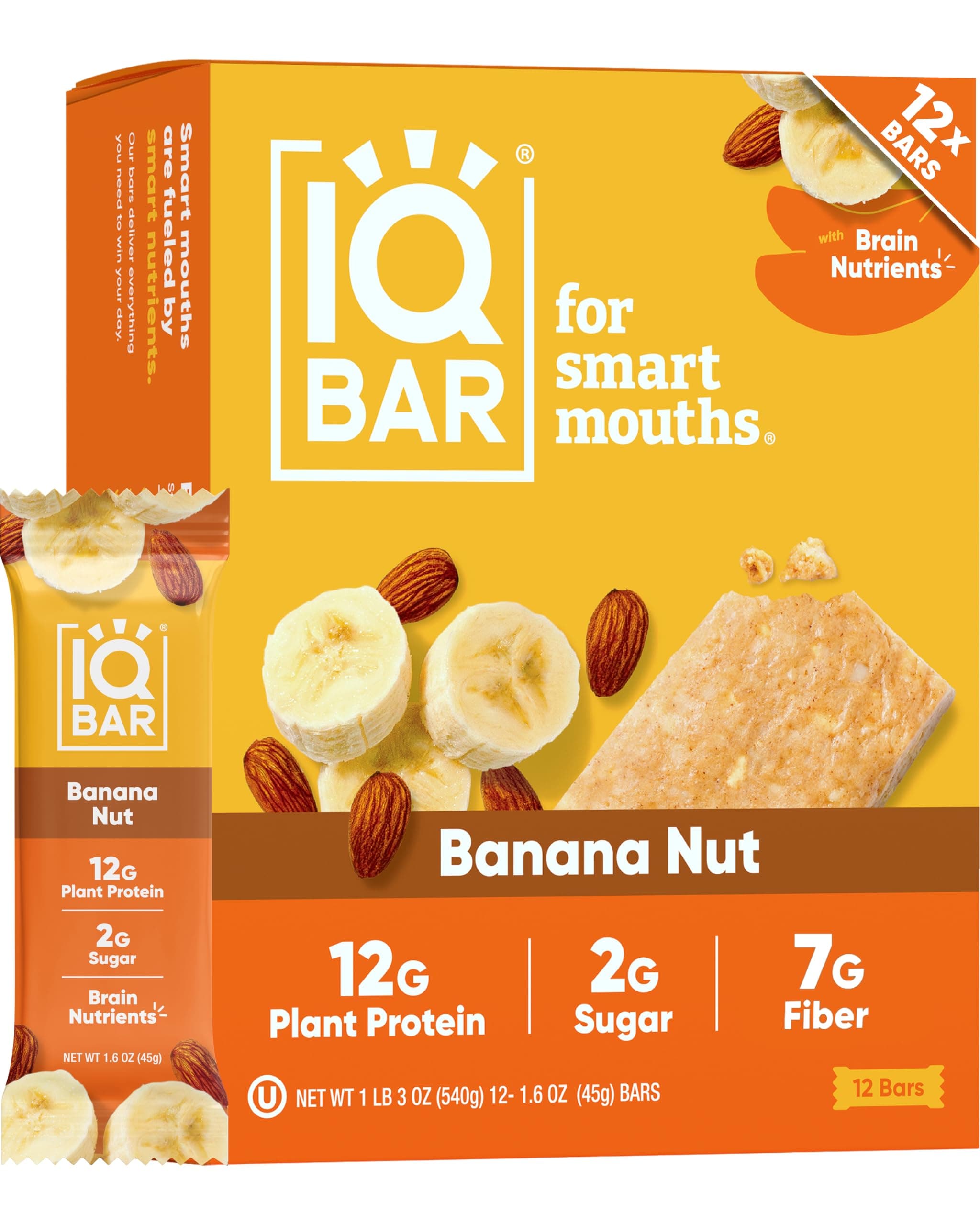- IQBAR Clean Plant Protein Bars - Banana Nut - 12 Count - Keto, Vegan, High Fiber, Gluten and Dairy Free, Low Sugar Snack - Brain and Body Nutrients for Focus, Energy, Meal Replacement