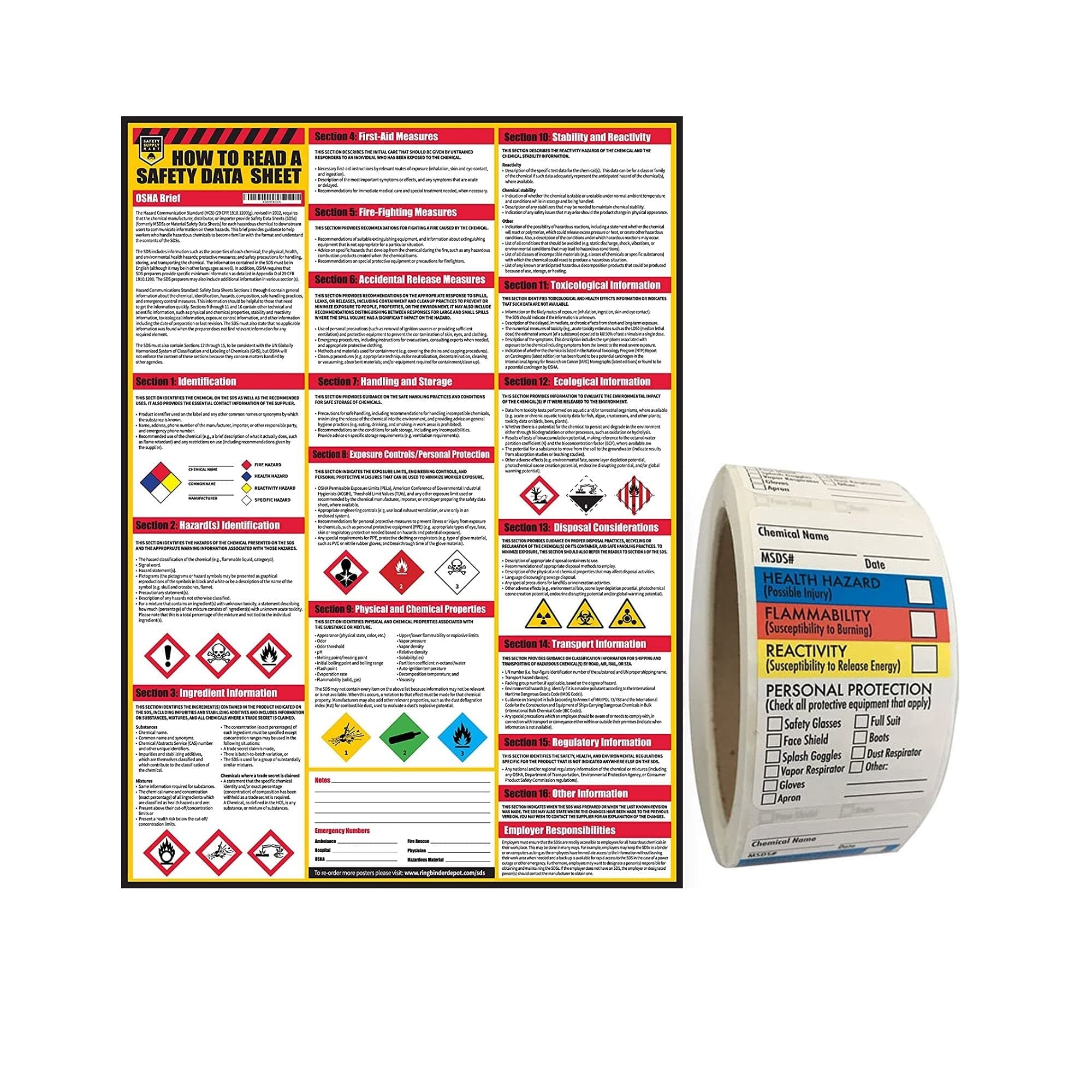 How to Read A Data Sheets (SDS/MSDS) Poster, 24 x 33 Inch, UV Coated with SDS/MSDS Sticker- Roll of 250 (Poster and Sticker)