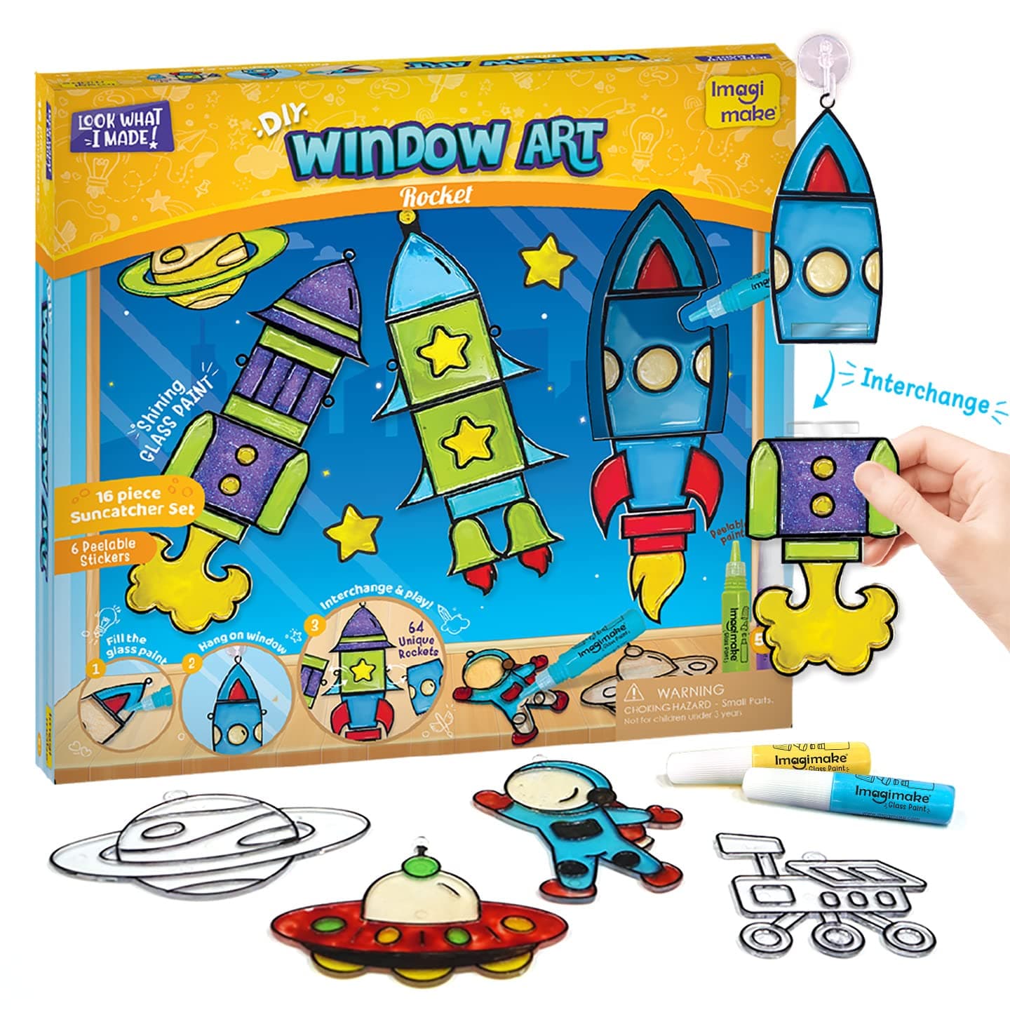 Imagimake Window Art Suncatcher Kit for Kids 5+ Years - Rocket Theme | Astronaut, Rover, Space Designs | 16 Piece Glass Painting Activity Set Craft Kit for Boy & Girls | Ramadan & Birthday Gifts