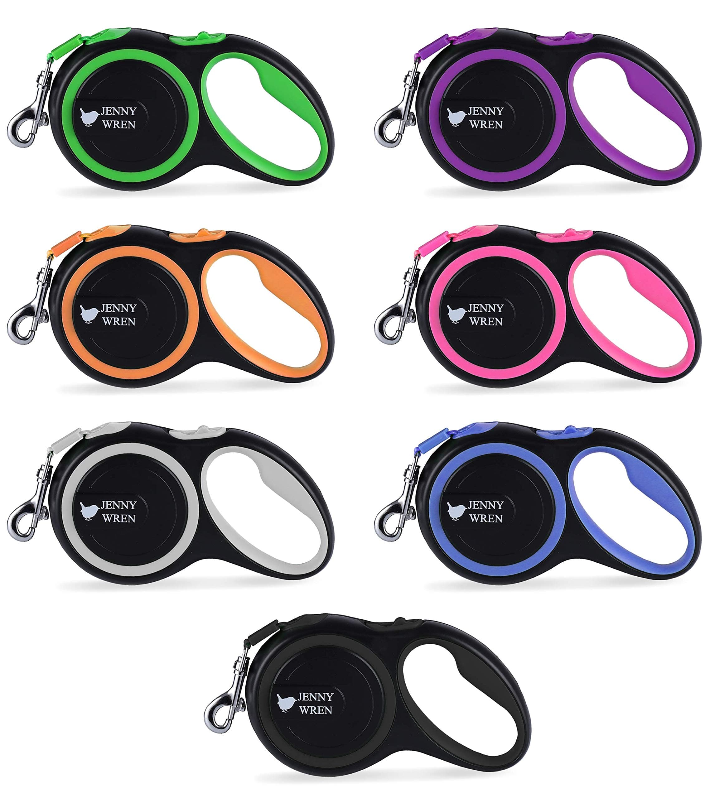 Jenny Wren Tangle-Free, Retractable Dog Lead with Anti-Slip Handle; 8M / 26FT Reflective Strong Nylon Tape/Ribbon; One-Handed Brake, Pause, Lock Blue